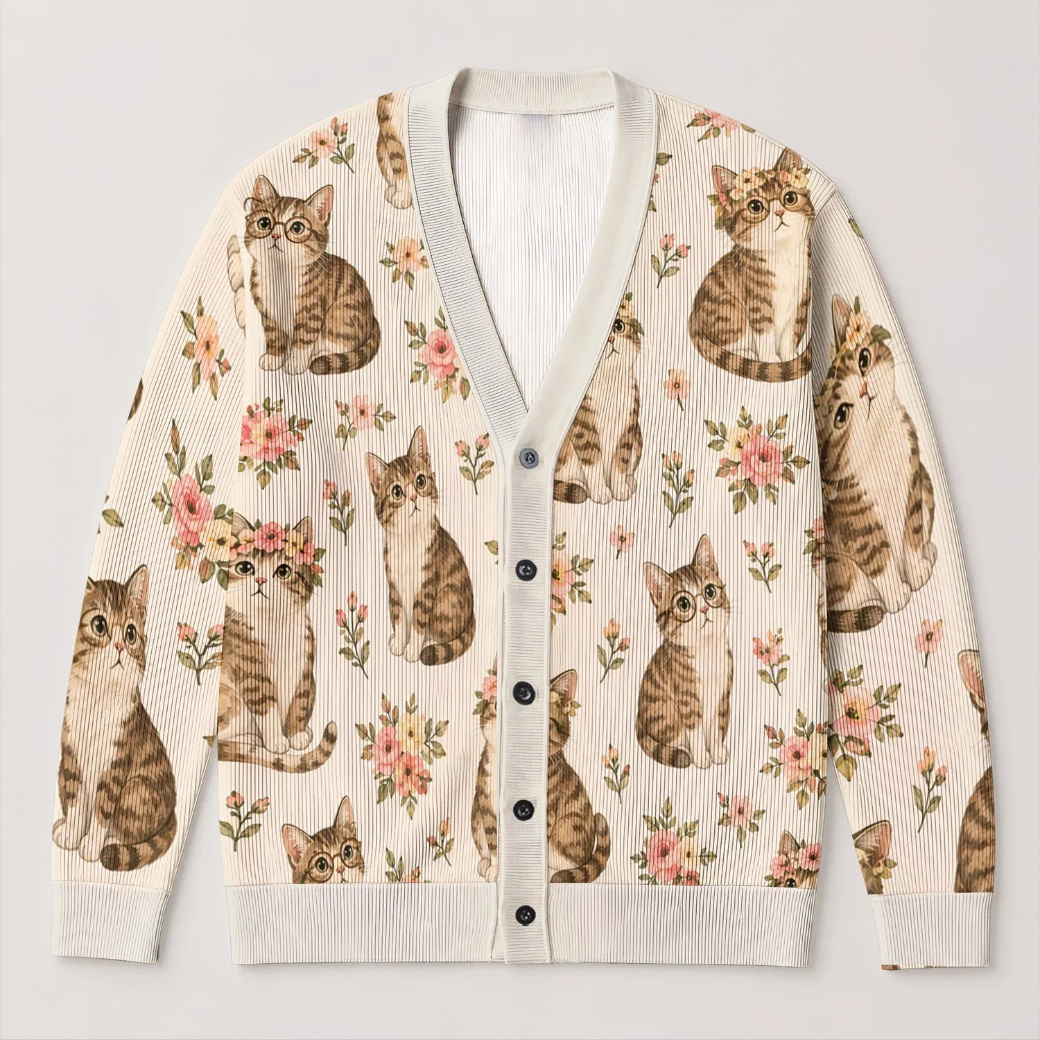 Whimsical Cat Bouquet Motif For Relaxed Everyday Layering, Vacation Style Women Gift All-over Print Knitted Cardigan - 1