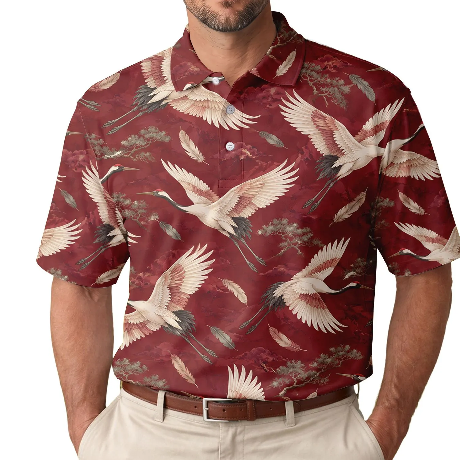 Burgundy Flying Crane Birds For Golf Days, Tennis Matches And Outdoor Nature Lovers Men's Polo Shirt - 1