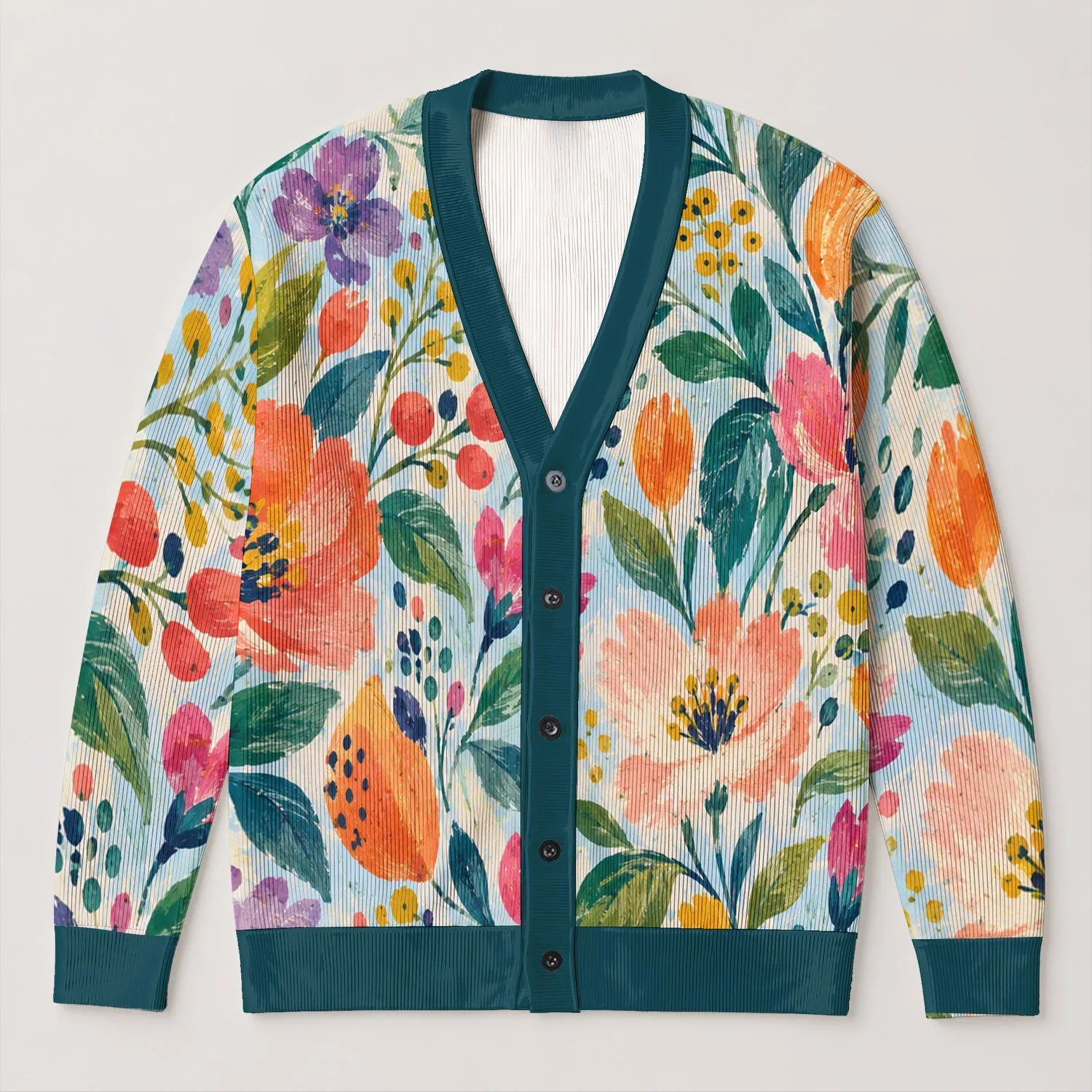 Colorful Botanical Blooms And Teal Leaves For Spring Layering And Everyday Style For Her All-over Print Knitted Cardigan - 1