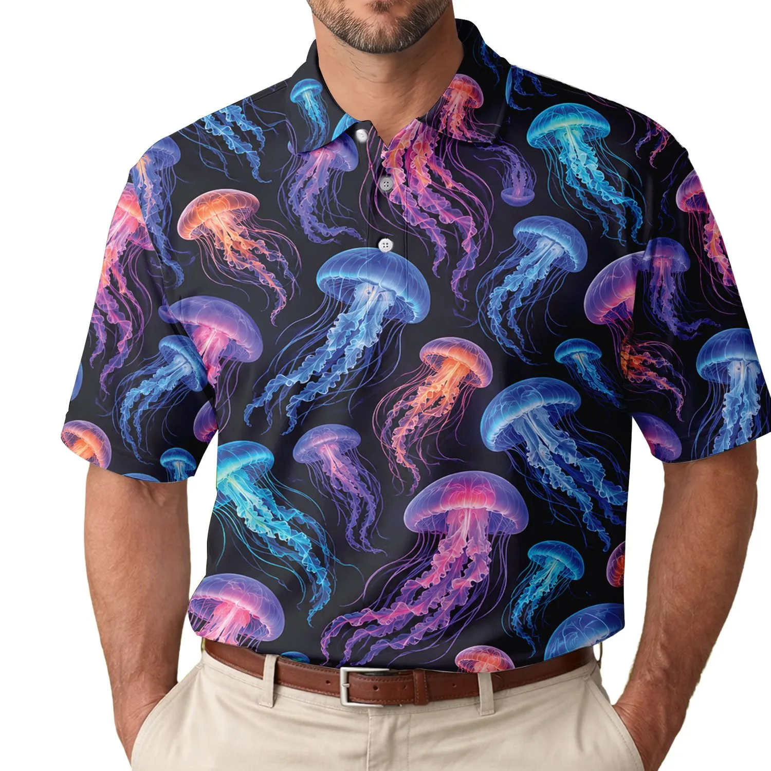 Colorful Glowing Jellyfish Ocean Style for Coastal Golf and Resort Summer Wear Women Men's Polo Shirt - 1