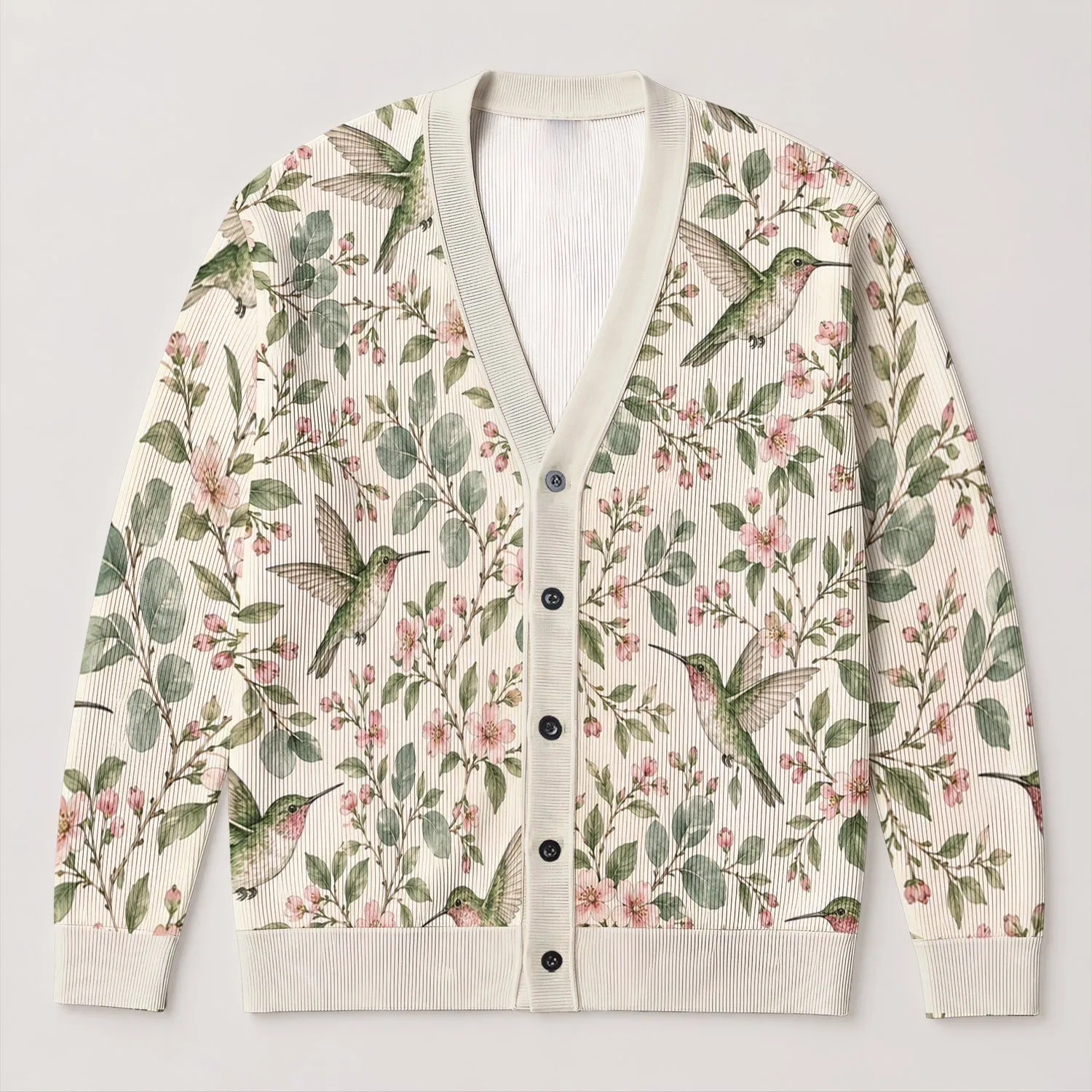 Green Hummingbirds and Pink Blossoms for Spring Vacation Garden Style for Everyday Women All-over Print Knitted Cardigan - 1