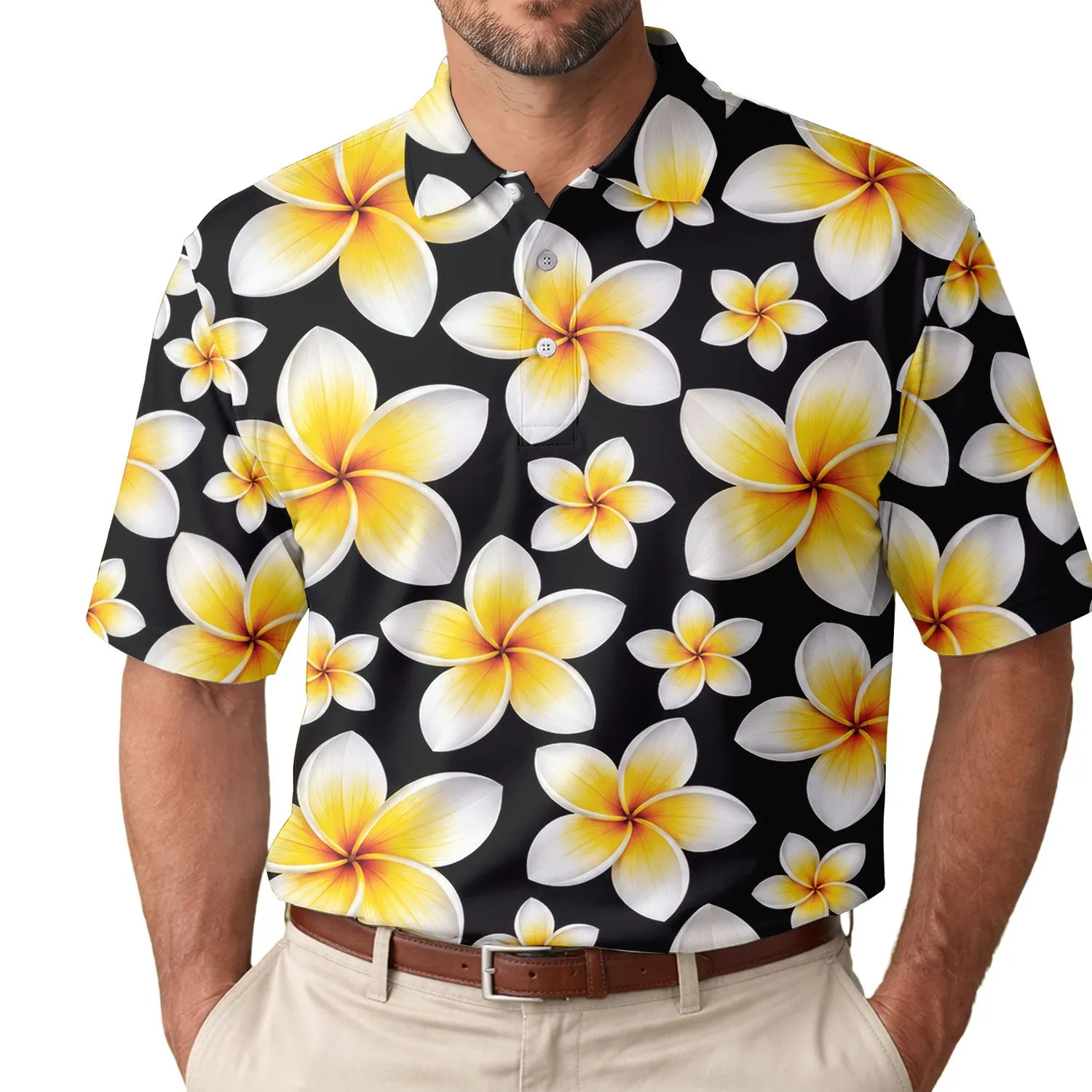 Black and Yellow Plumeria Blooms for Tropical Resort Days and Women’s Golf Lifestyle Men's Polo Shirt - 1