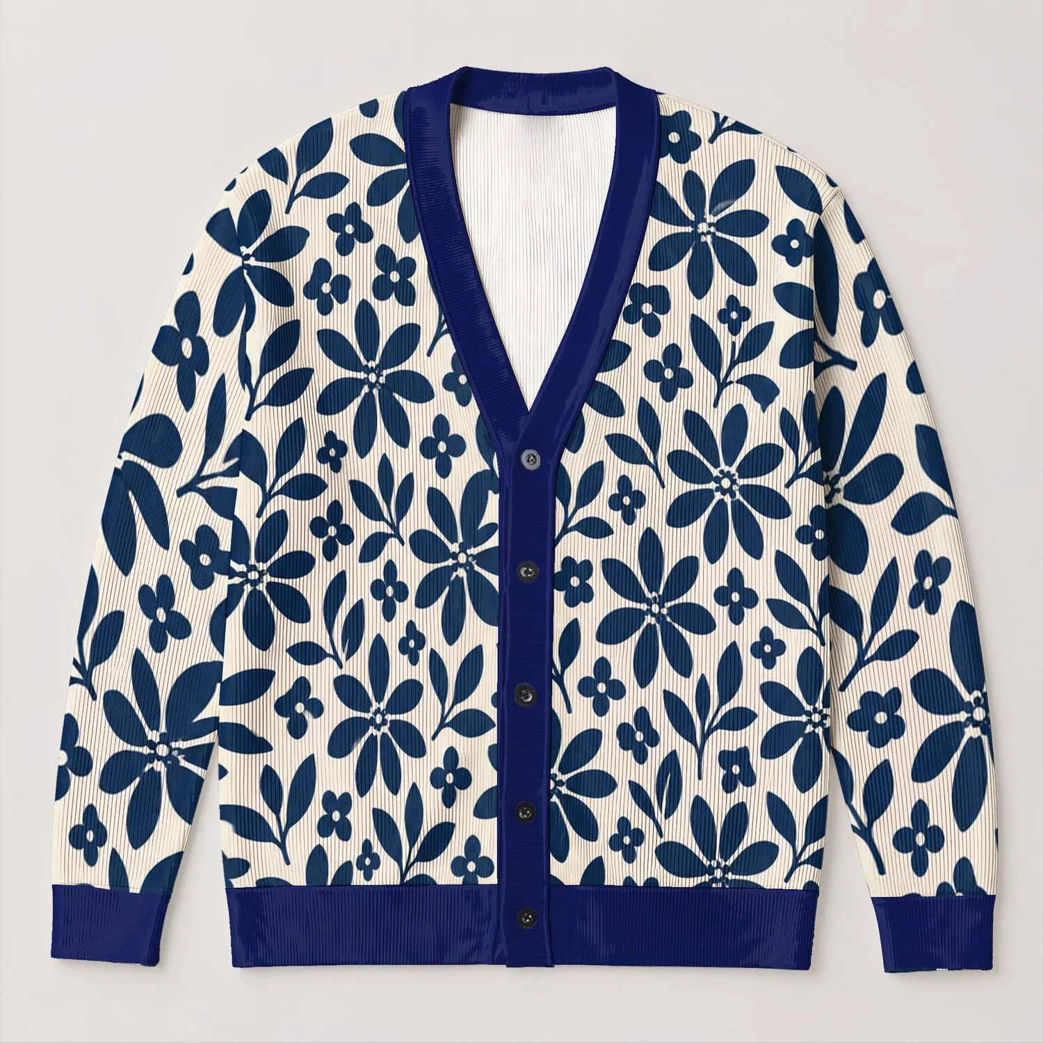 Navy Blue Floral Botanical Layering Style For Casual Fall Outings And Everyday Wear All-over Print Knitted Cardigan - 1