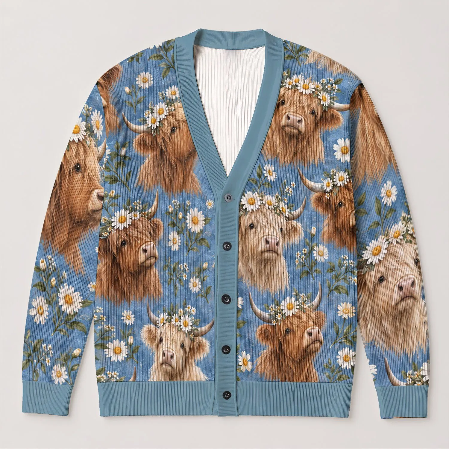 Highland Cow Daisy Meadow Portraits for Relaxed Country Days and Cottagecore Women All-over Print Knitted Cardigan - 1