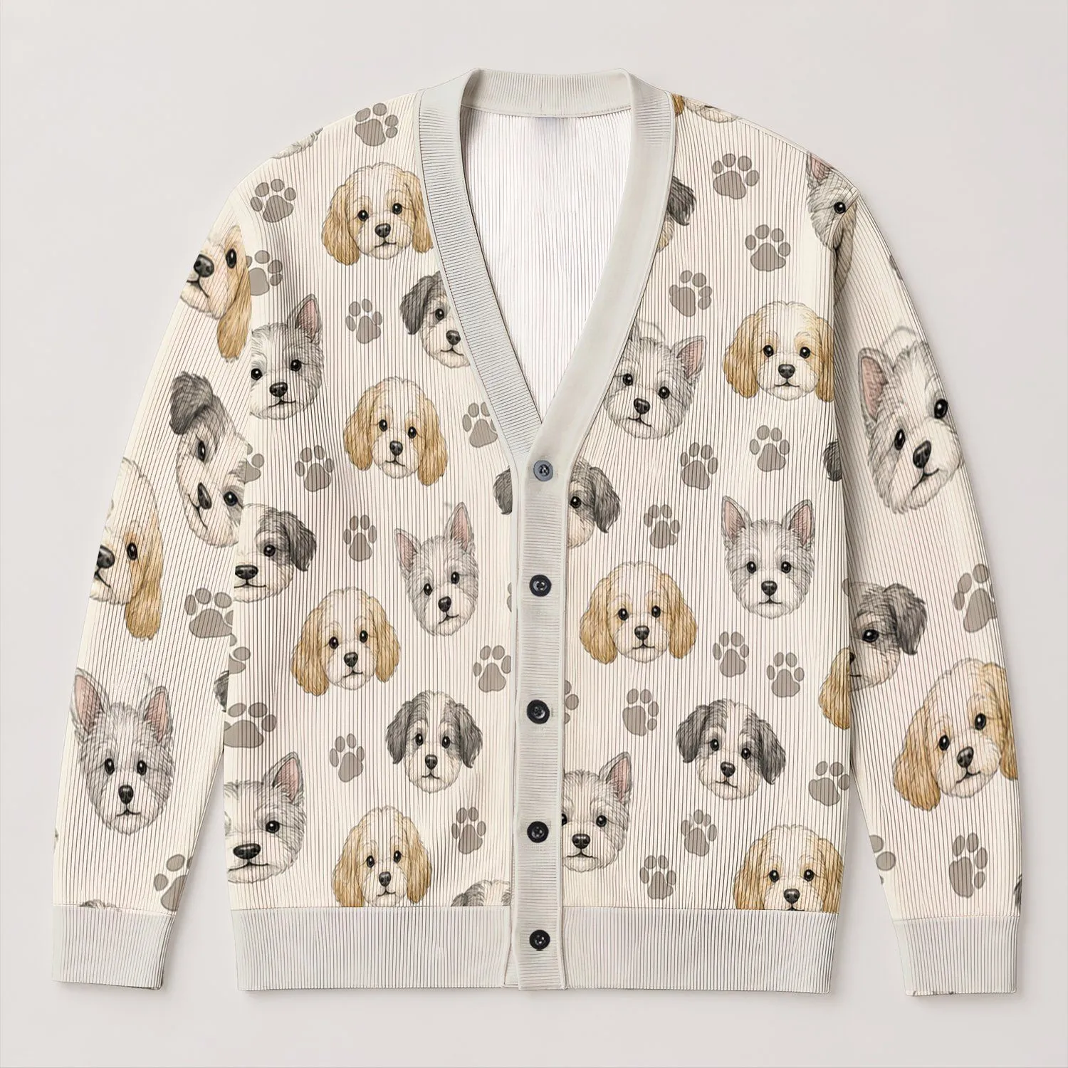 Adorable Dog Faces And Paw Motifs For Spring Vacation Casual Wear And Date Nights All-over Print Knitted Cardigan - 1