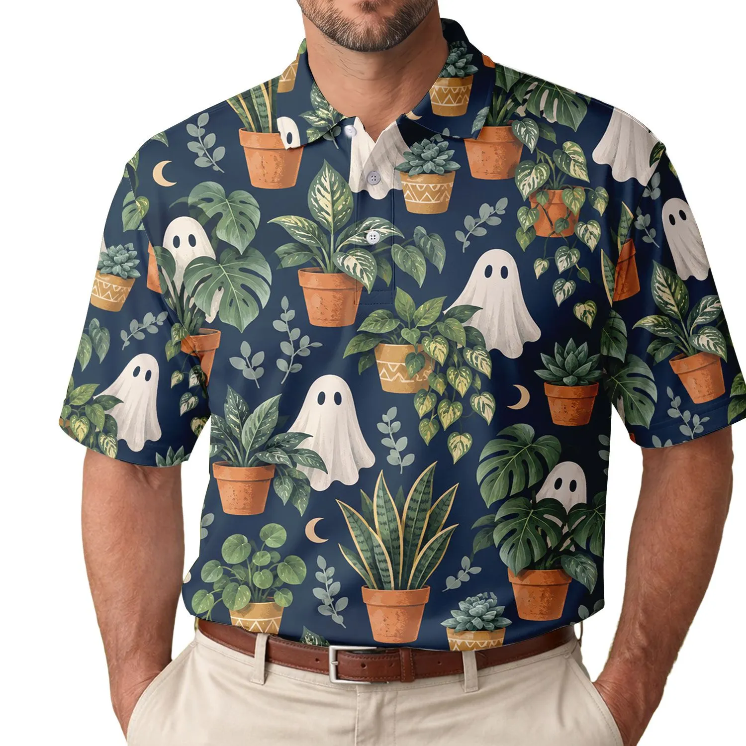 Cute Ghosts and Potted Plants for Halloween Golf Days and Botanical Lovers for Women Men's Polo Shirt - 1