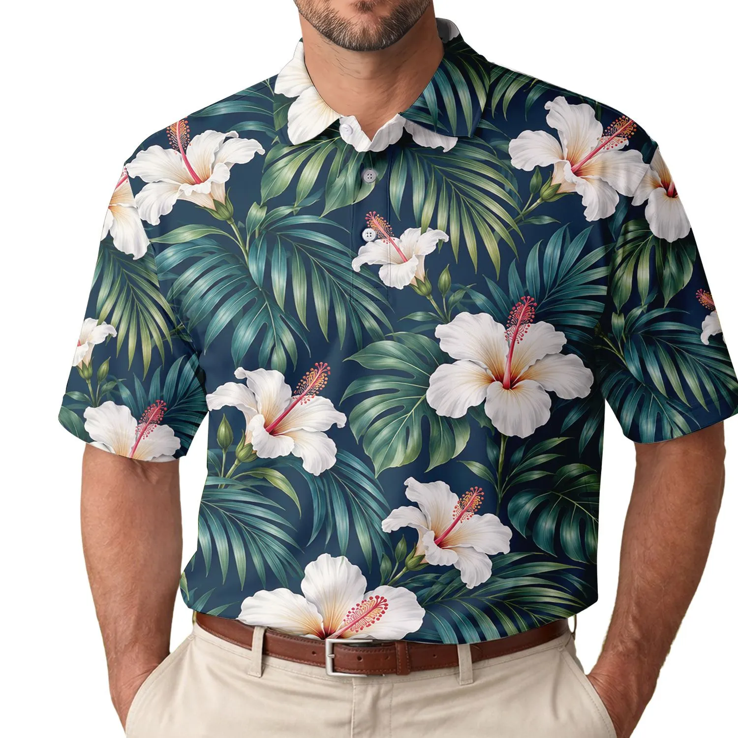 White Hibiscus Tropical Navy Floral Style For Golf, Tennis, And Island Getaways Women Men's Polo Shirt - 1