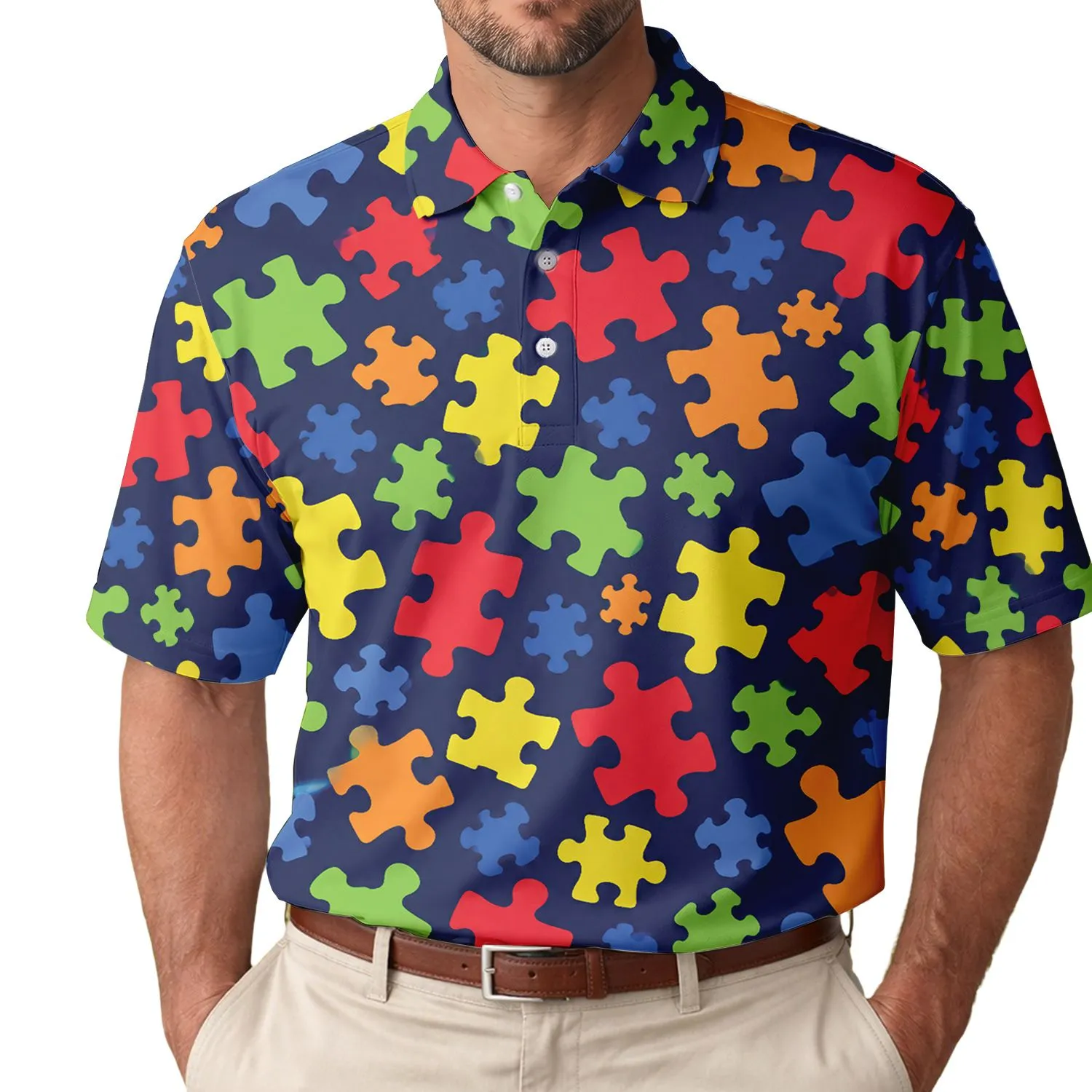 Colorful Puzzle Pieces for Golf Days, Classroom Gifts, and Puzzle-Loving Teachers Men's Polo Shirt - 1