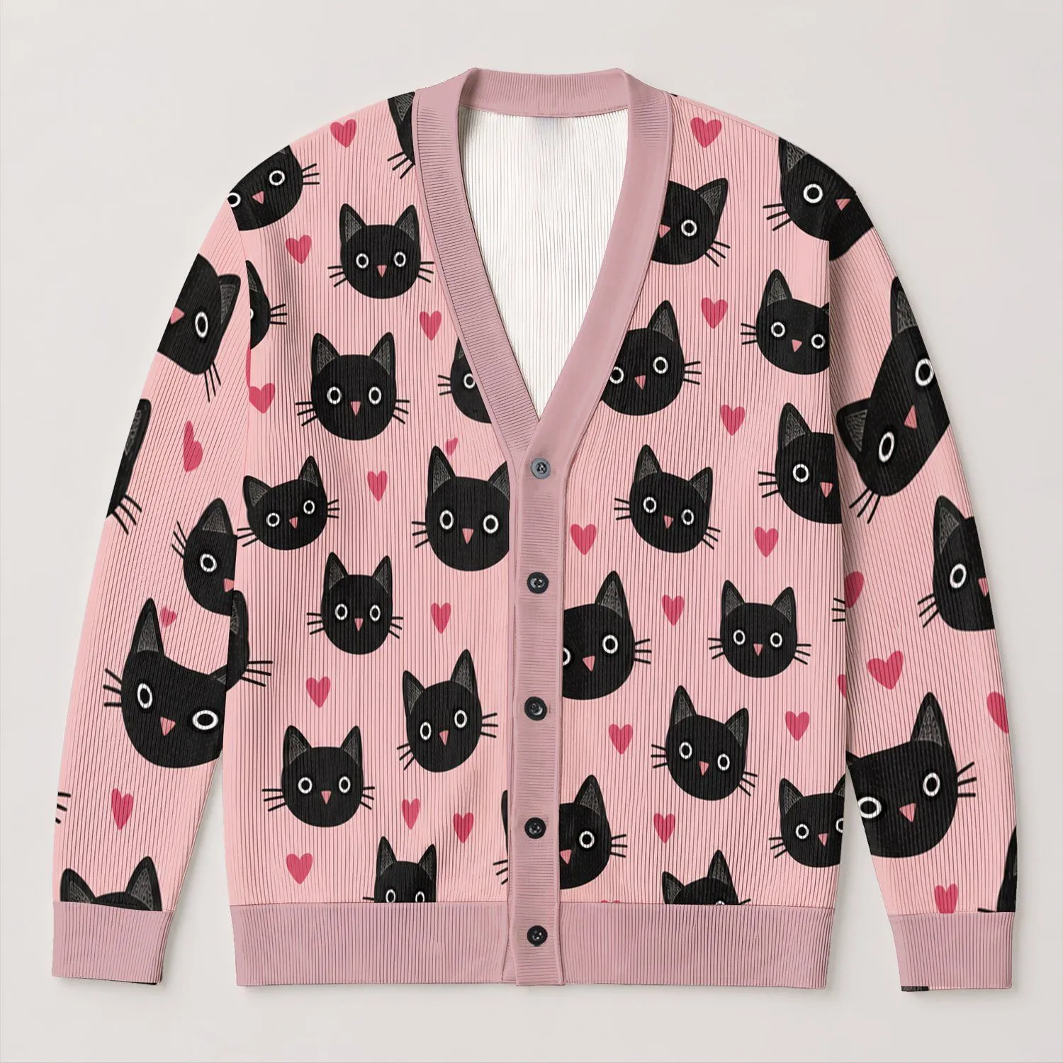 Black Cat Faces and Pink Hearts for Cozy Autumn Days, Casual Weekends, and Travel All-over Print Knitted Cardigan - 1