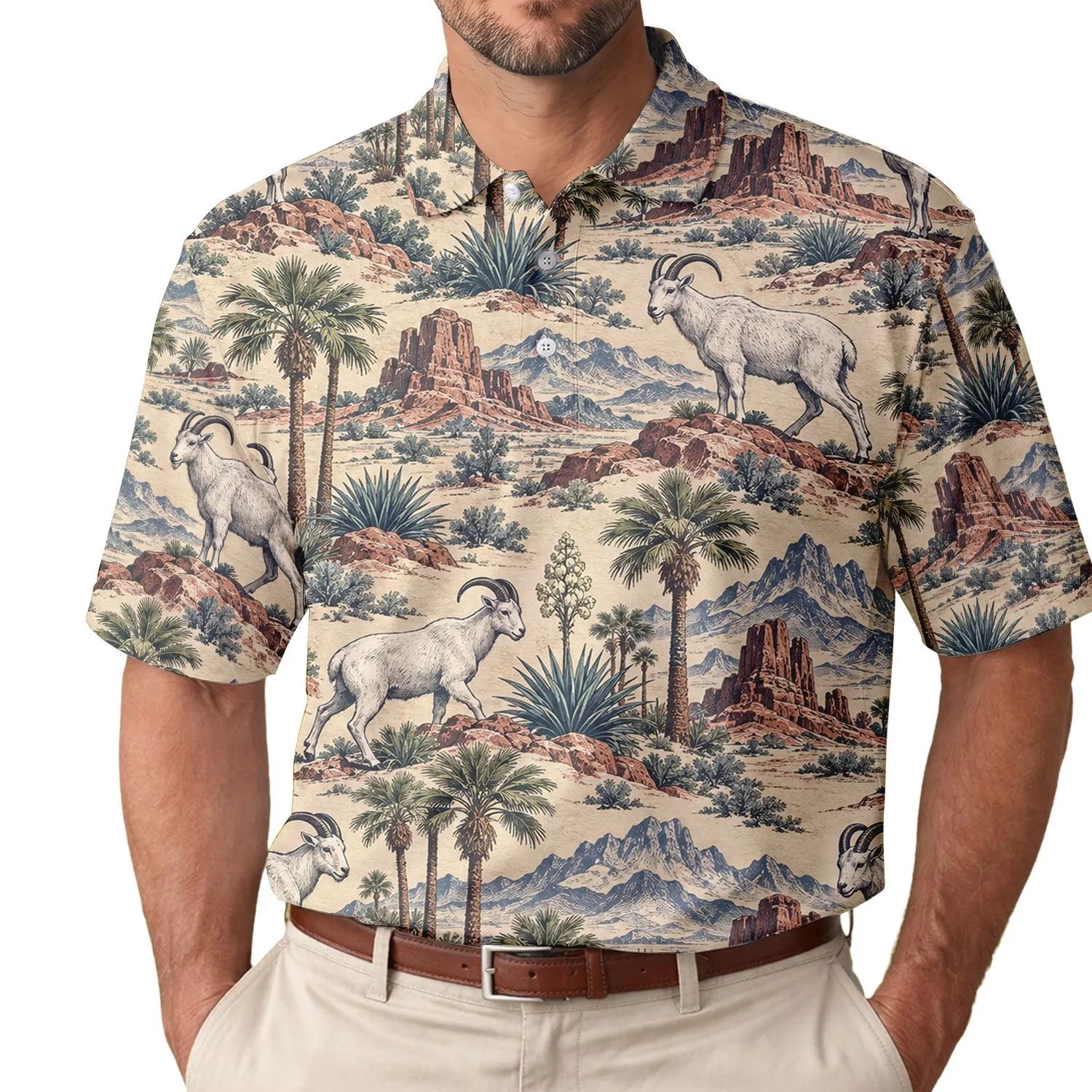 Desert Goat Golf Scene for Summer Country Club Days and Women's Farm Animal Gifts Men's Polo Shirt - 1