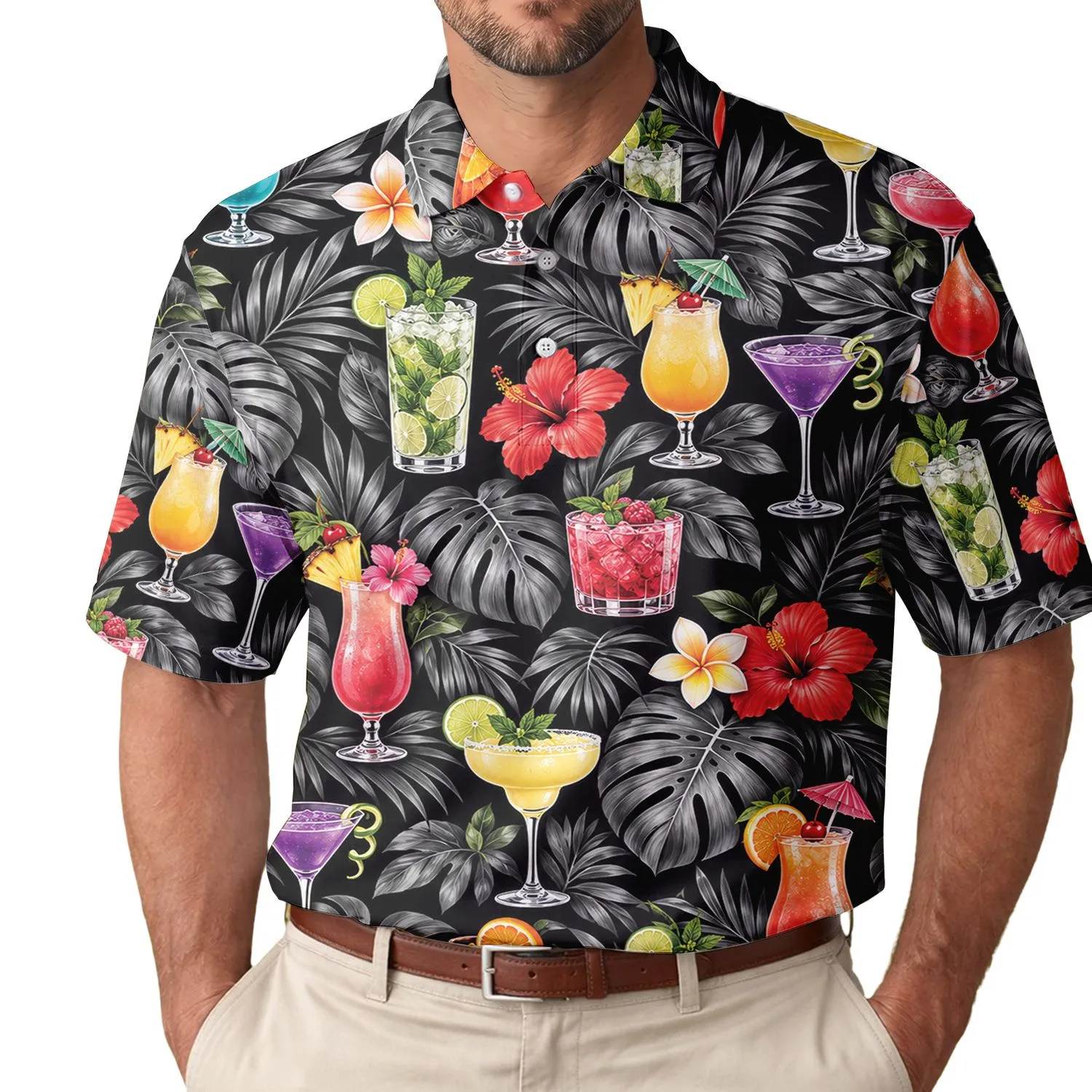 Black Monstera Leaves And Colorful Tropical Cocktails For Resort Golf Vacation Style Men's Polo Shirt - 1