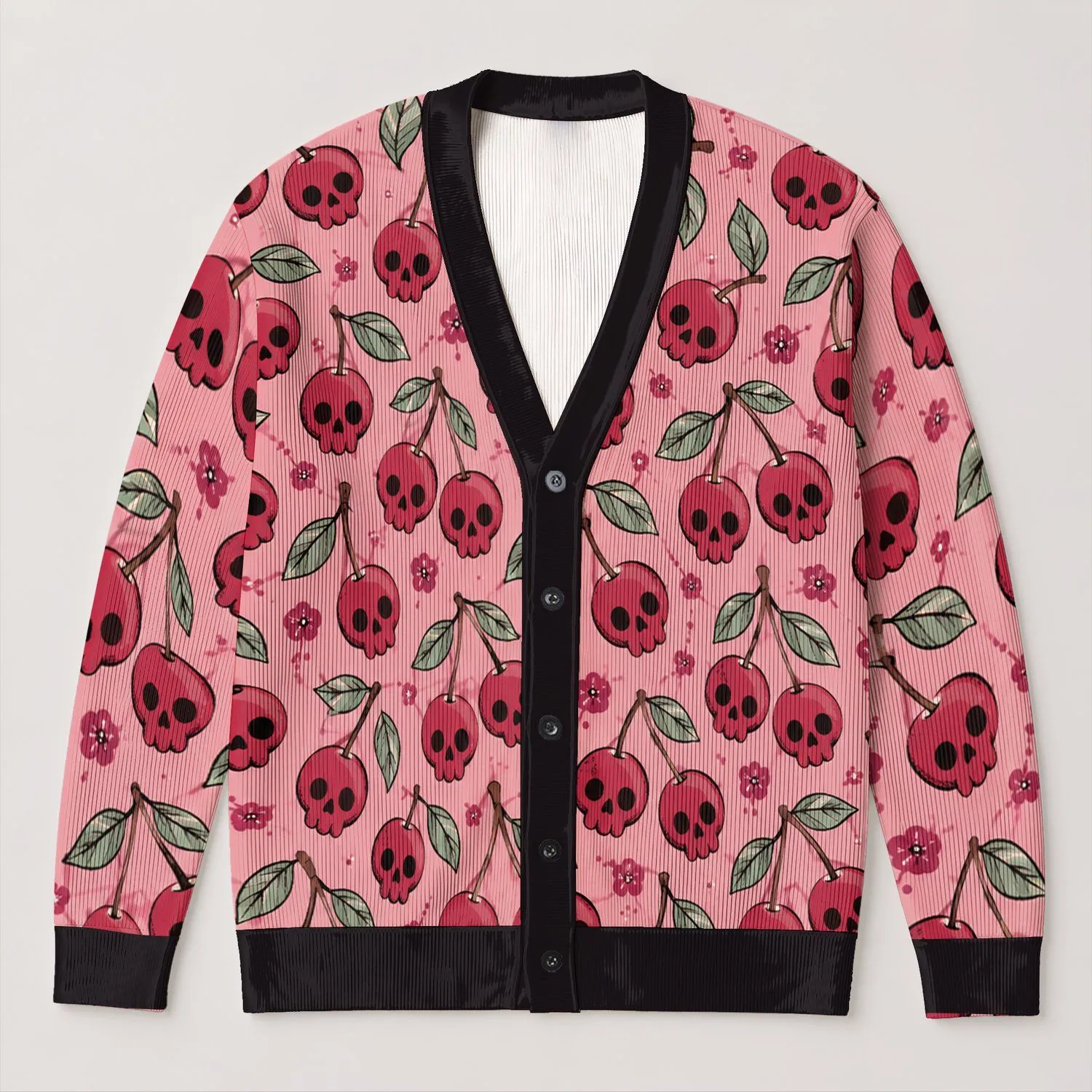 Pink Cherry Skull Botanical Motifs for Autumn Layering and Vacation Style Women All-over Print Knitted Cardigan - 1