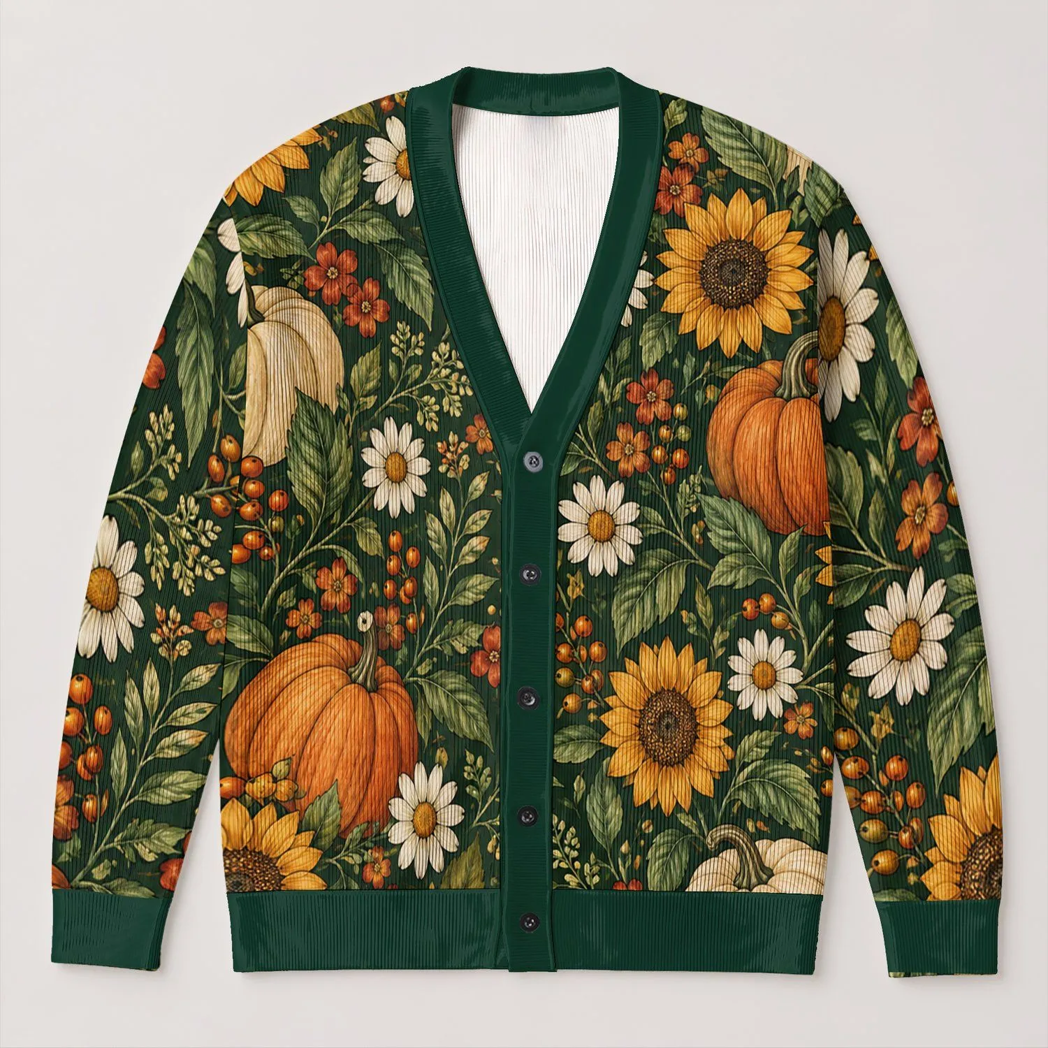 Autumn Pumpkin Sunflower Garden for Thanksgiving Layering, Women’s Cozy Fall Wardrobe All-over Print Knitted Cardigan - 1