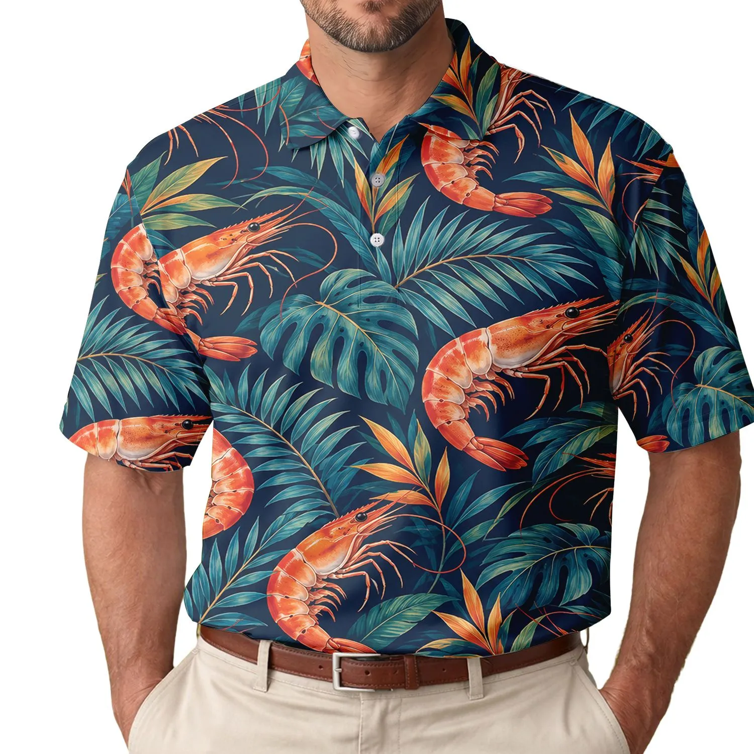 Tropical Shrimp And Palm Foliage For Coastal Golf Days And Seafood Lovers By The Sea Men's Polo Shirt - 1