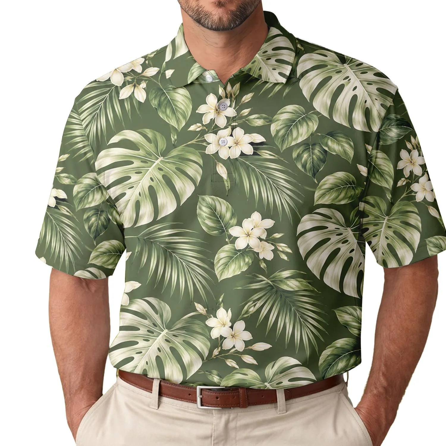 Green Monstera Leaf Tropical Garden Style for Resort Golf and Vacation Travel Escapes Men's Polo Shirt - 1