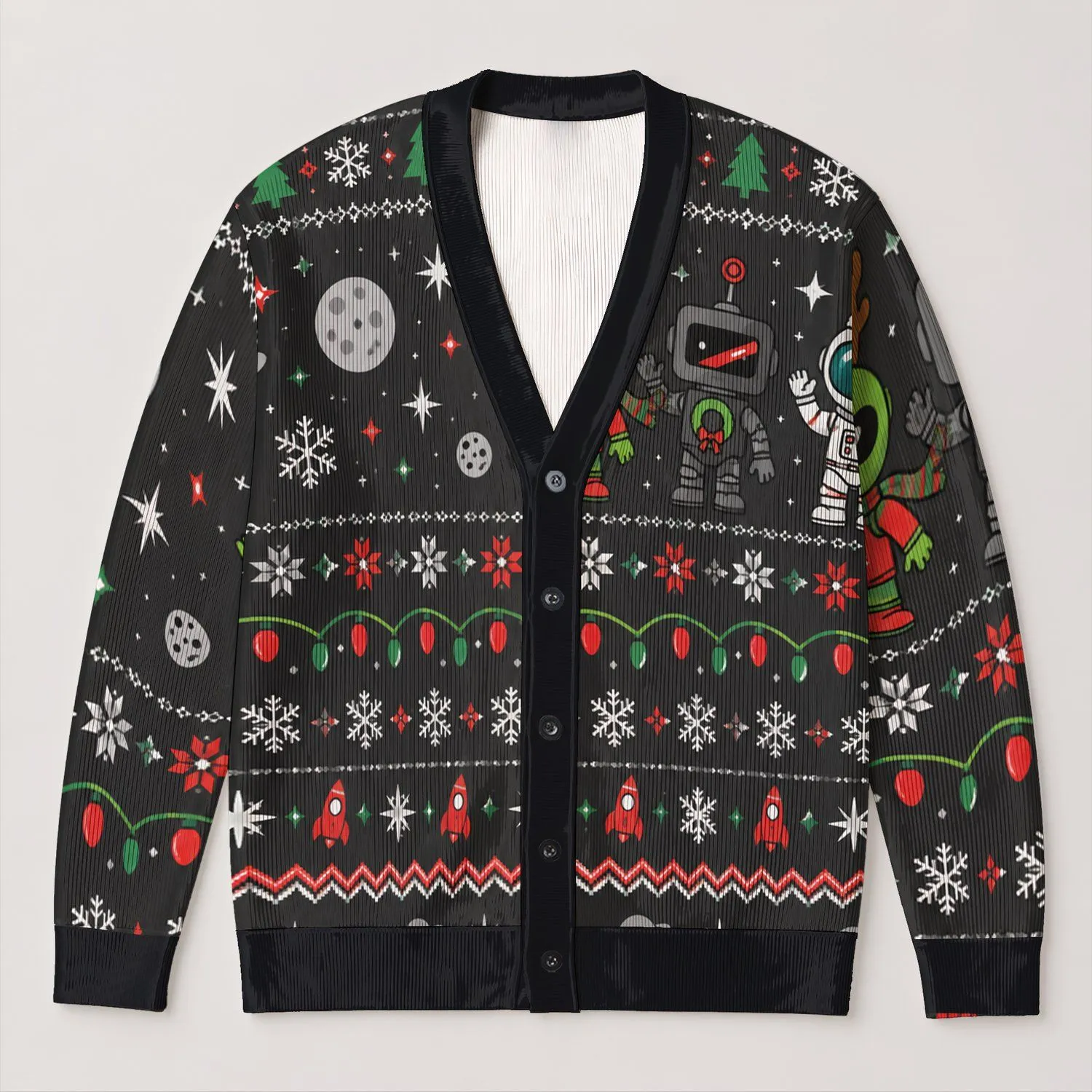 Sci Fi Alien Robot Santa Space Holiday Celebration Gift For Fans And Cozy Nights All-over Print Knitted Cardigan - 1