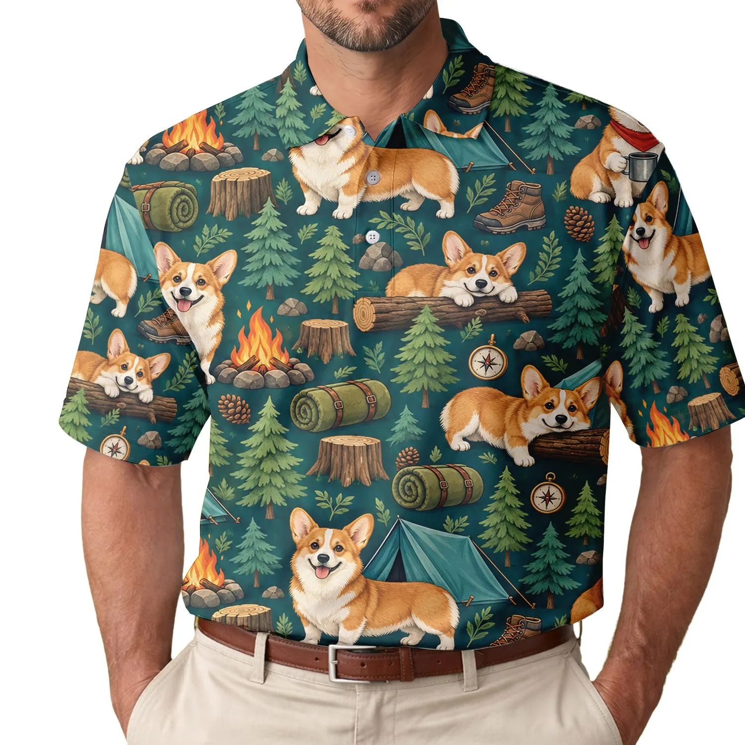 Corgi Camping Golf Gift for Outdoor Dog Lovers, Teal Summer Adventure Weekend Style Men's Polo Shirt - 1