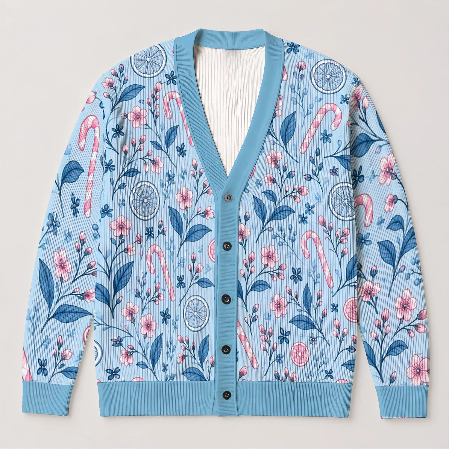 Pink Citrus, Candy Canes And Blue Leaves For Whimsical Seasonal Everyday Style For Women All-over Print Knitted Cardigan - 1