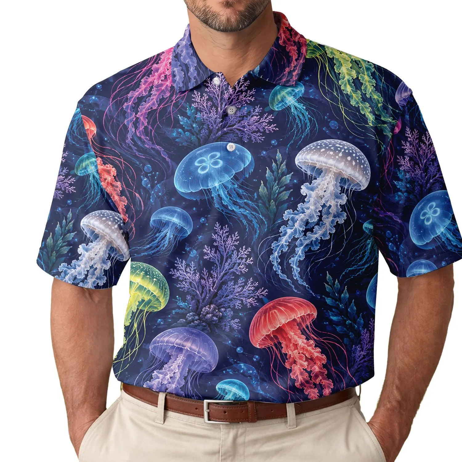 Neon Jellyfish Ocean Scene for Summer Golf and Coastal Getaways, Marine Life Lover Men's Polo Shirt - 1