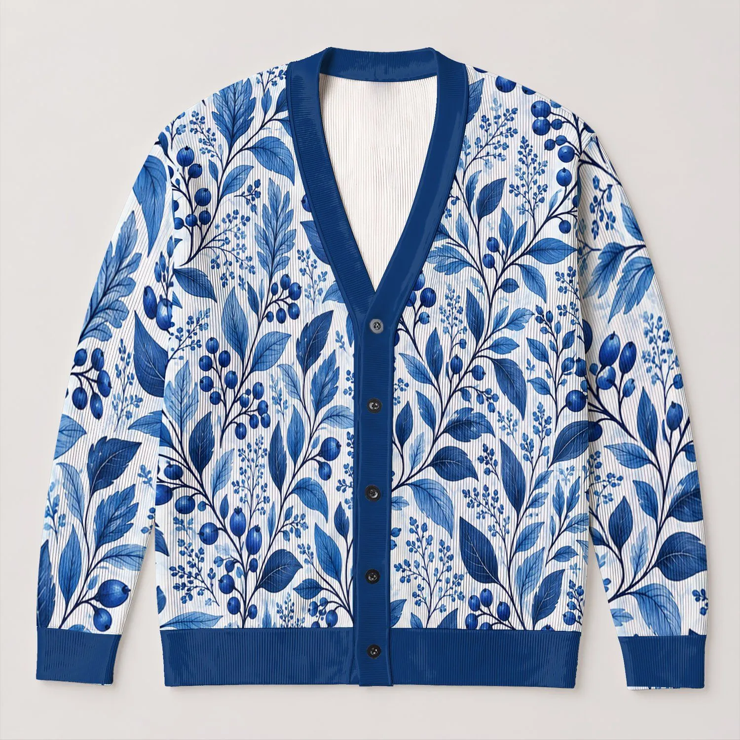 Blue Botanical Foliage for Everyday Layering and Relaxed Casual Style for Women All Season All-over Print Knitted Cardigan - 1