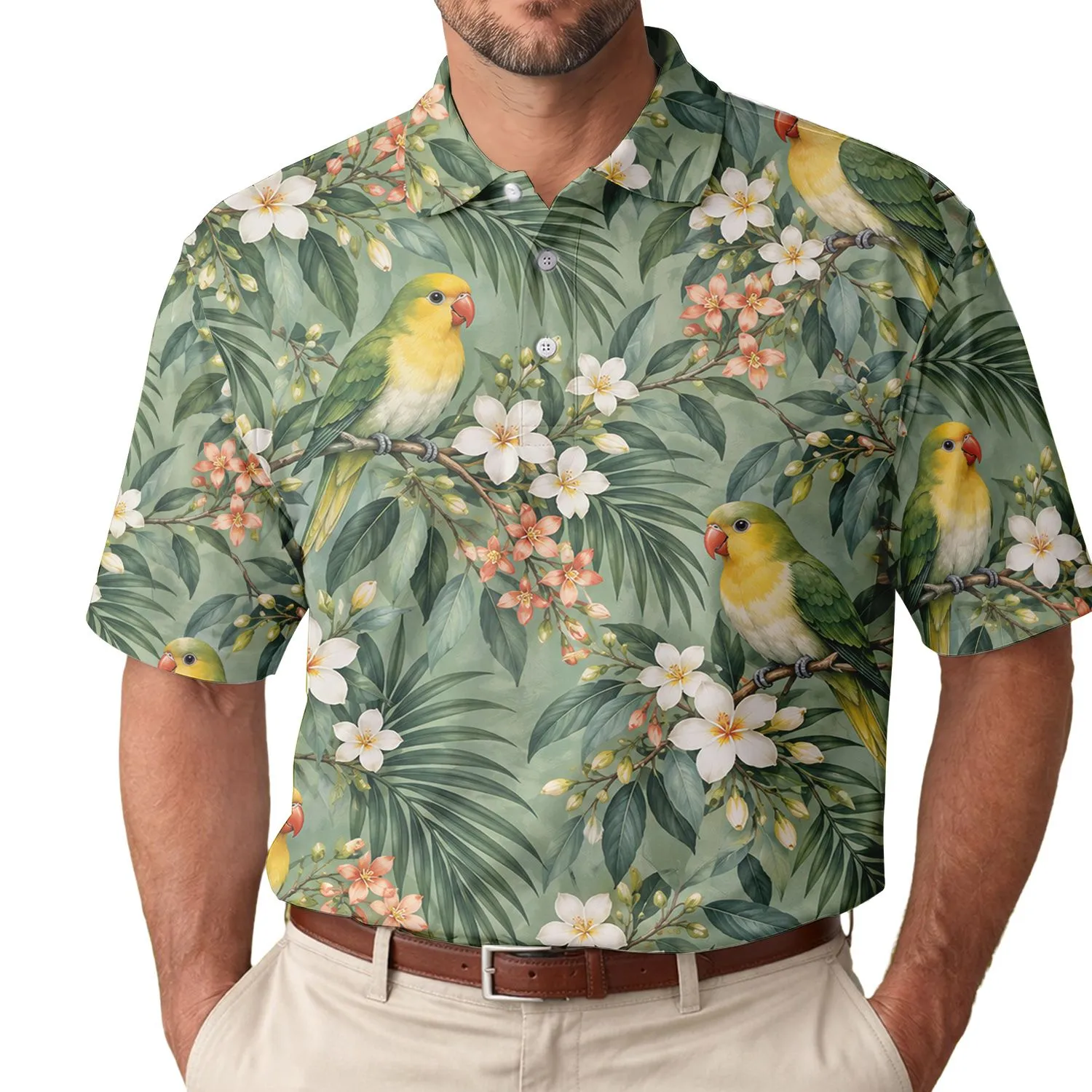 Sage Floral Parrot Garden Motif for Sunny Golf Days and Resort Escapes, Women’s Style Men's Polo Shirt - 1