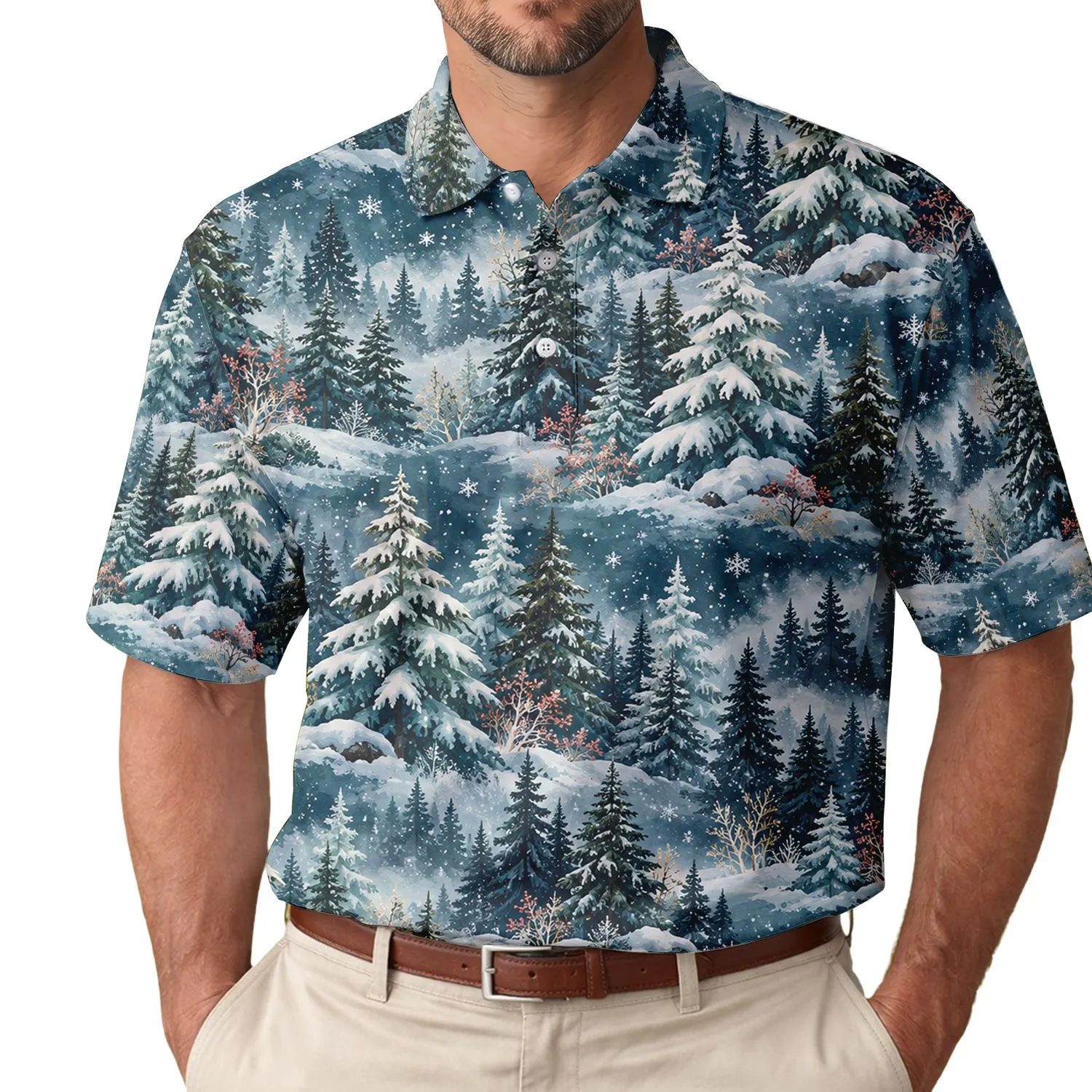 Teal Winter Pine Forest Scene for Festive Golf Days, Holiday Outings, Nature Lovers Men's Polo Shirt - 1