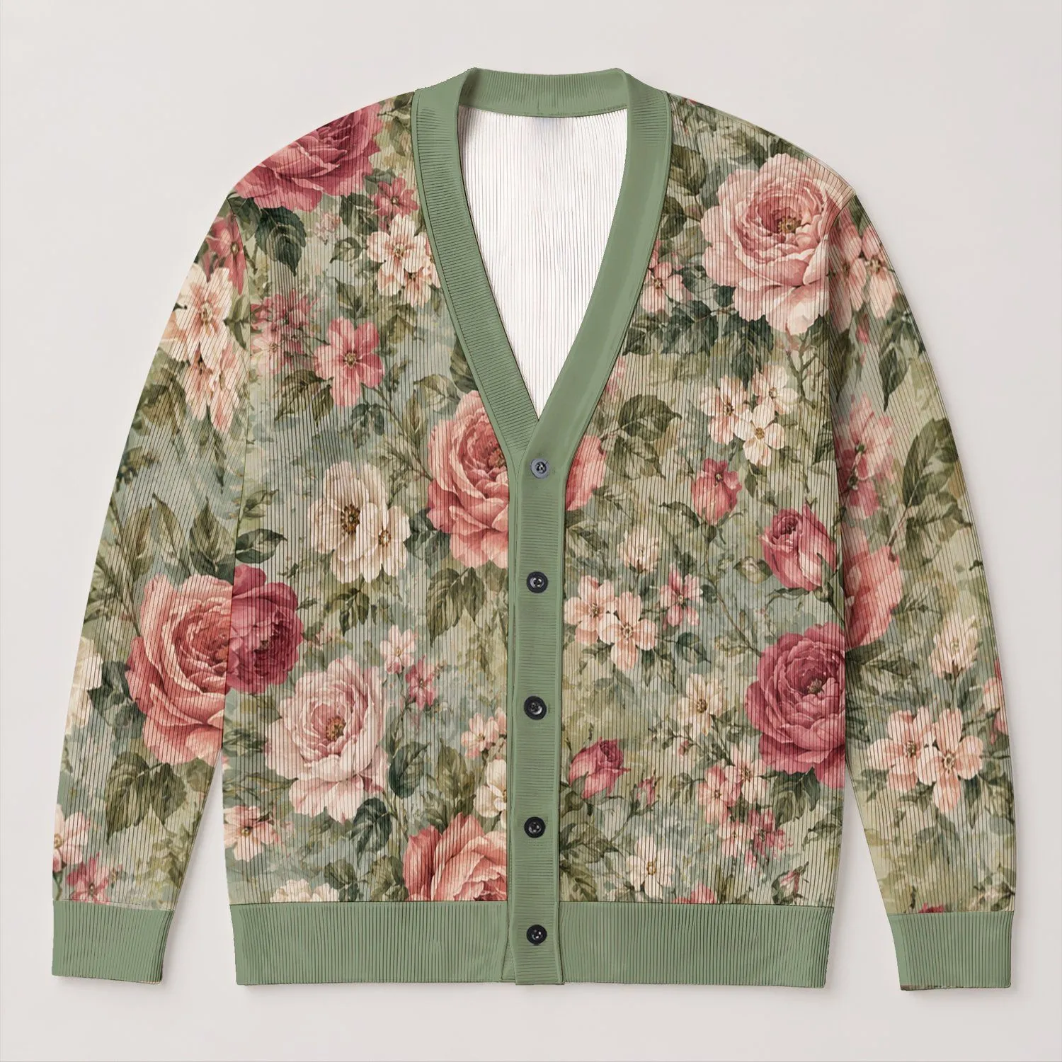 Sage Green Pink Rose Florals for Cozy Autumn Layering and Everyday Women's Style All-over Print Knitted Cardigan - 1