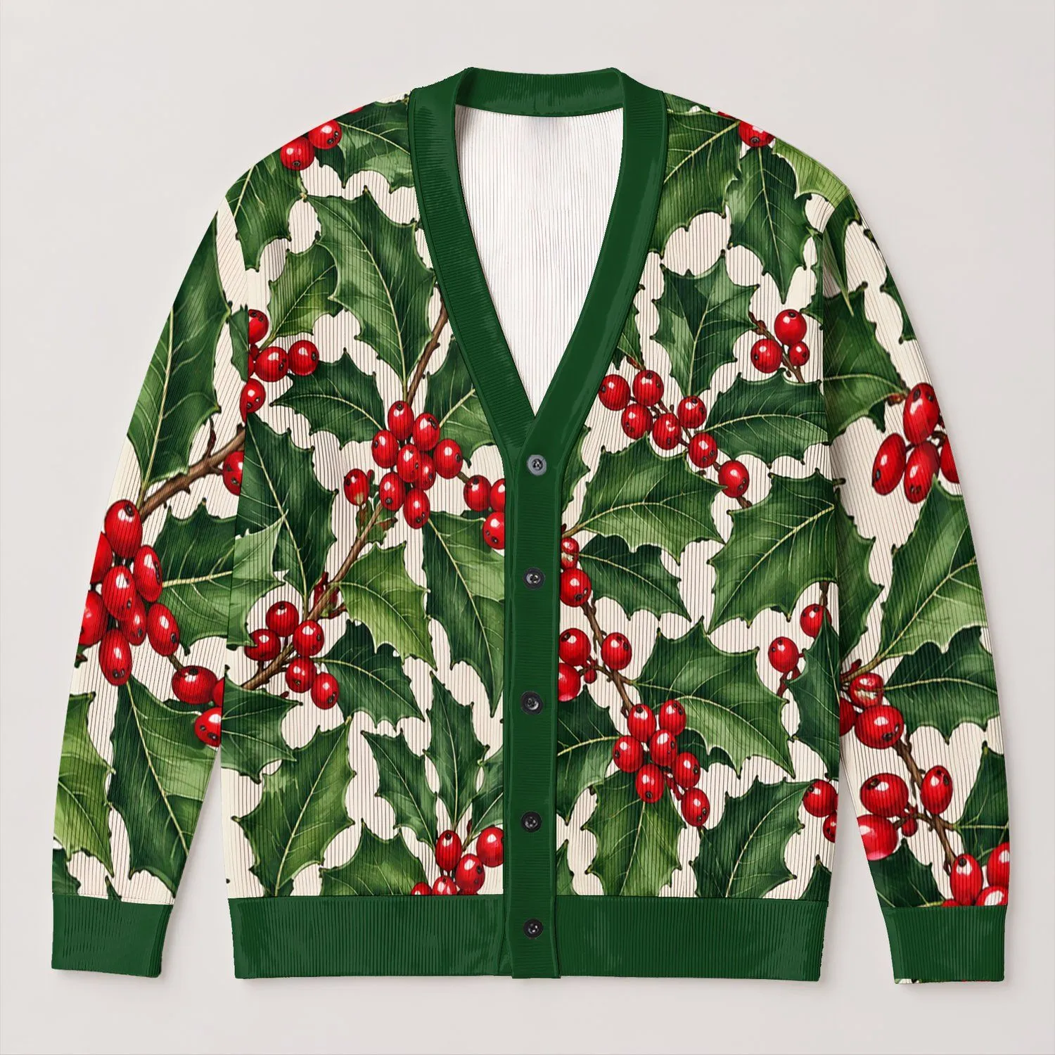 Holly Leaves and Red Berries for Cozy Winter Days and Cheerful Seasonal Style All-over Print Knitted Cardigan - 1