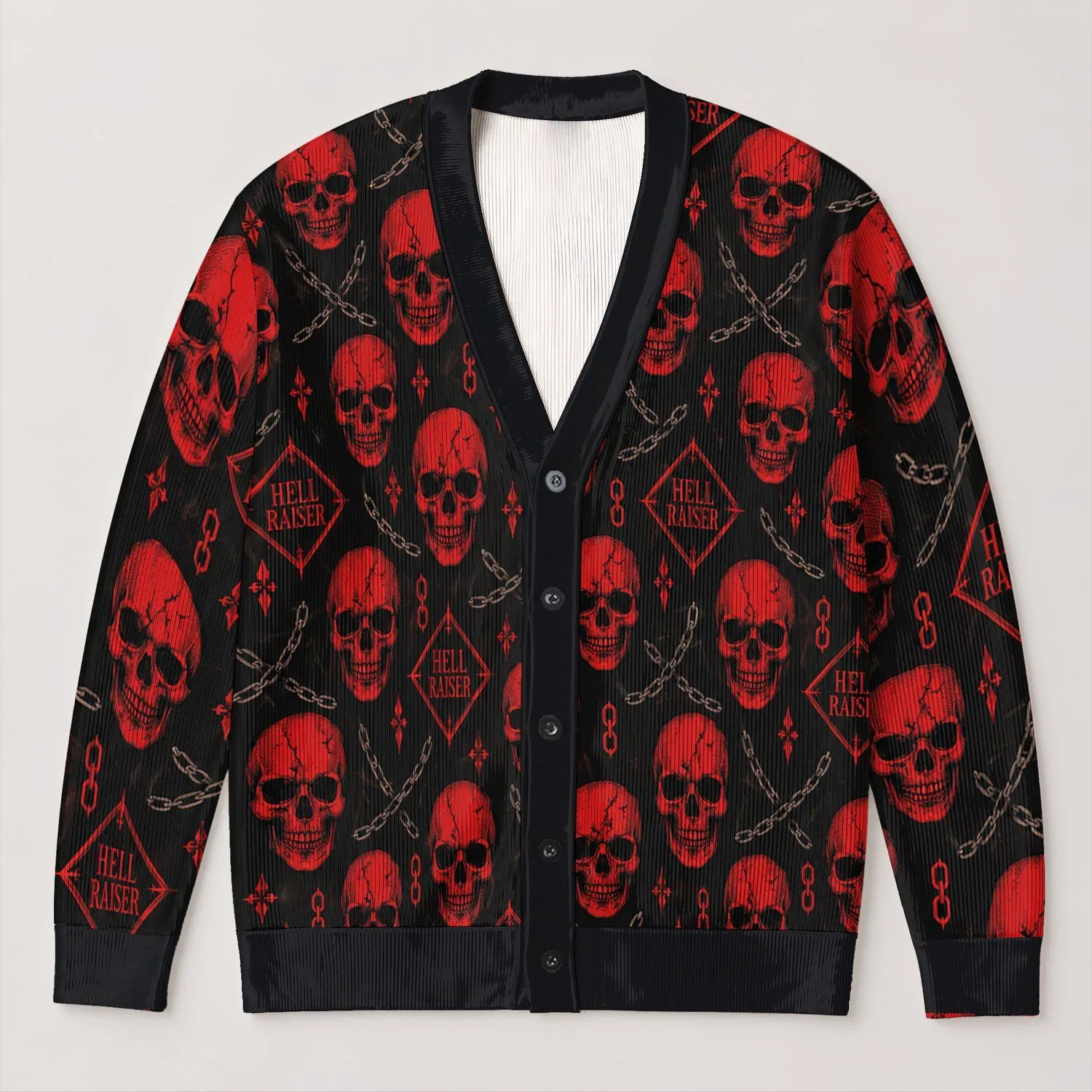Red Engraved Skull And Chain Motifs For Gothic Streetwear And Halloween Night Out All-over Print Knitted Cardigan - 1