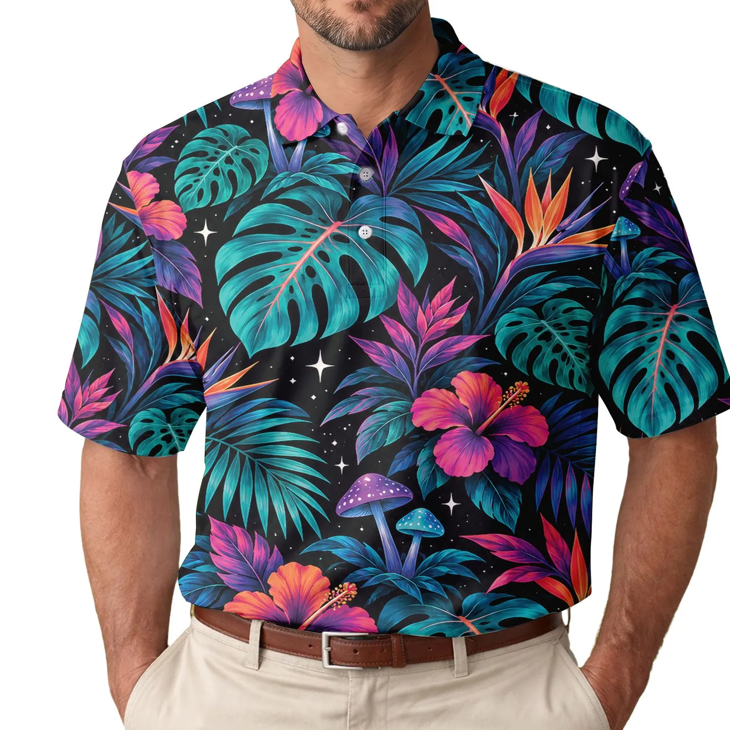 Tropical Monstera Leaves and Mushrooms for Resort Travel Women’s Summer Style Lovers Men's Polo Shirt - 1
