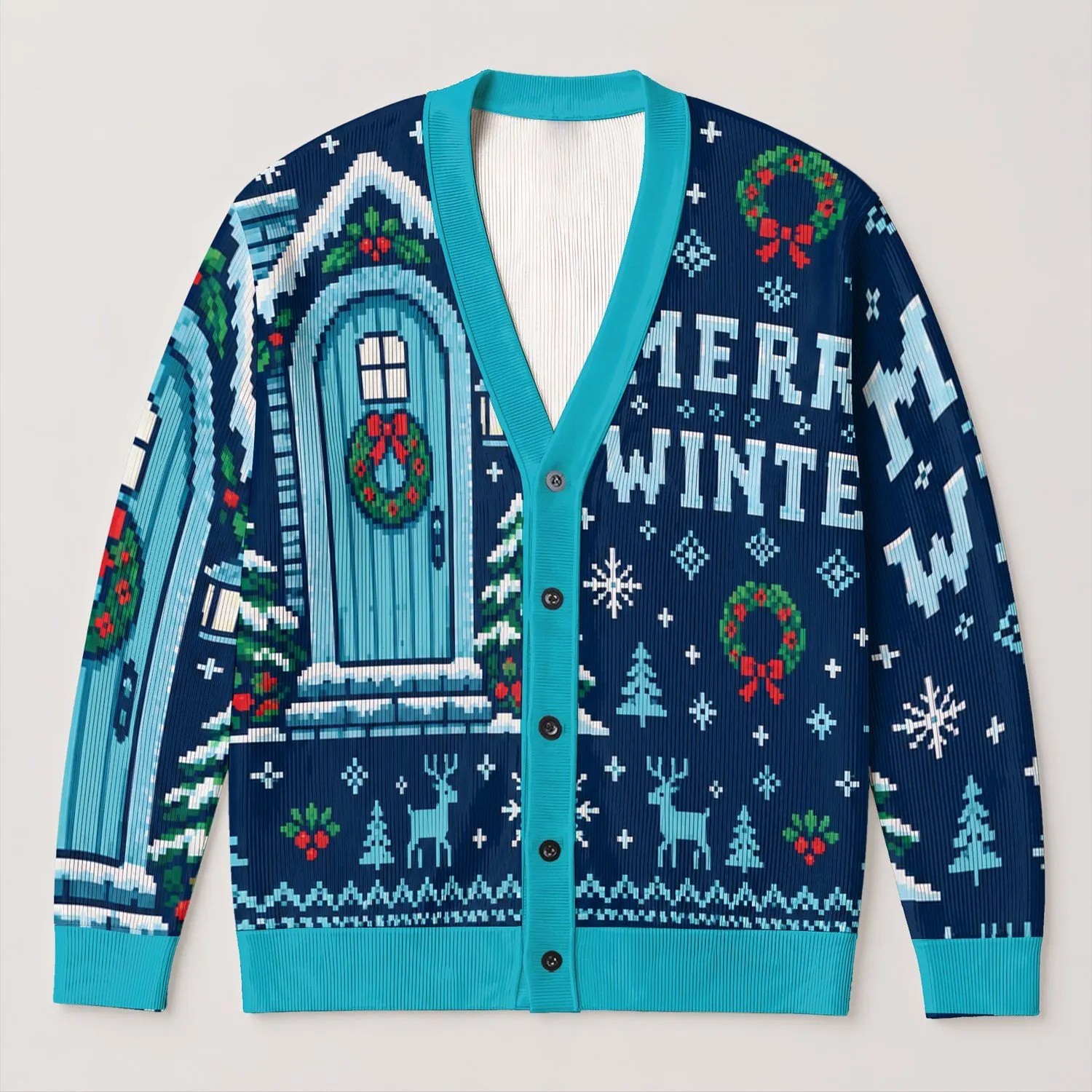 Pixel Christmas Door and Merry Winter Holiday Cheer for Festive Seasonal Gatherings All-over Print Knitted Cardigan - 1