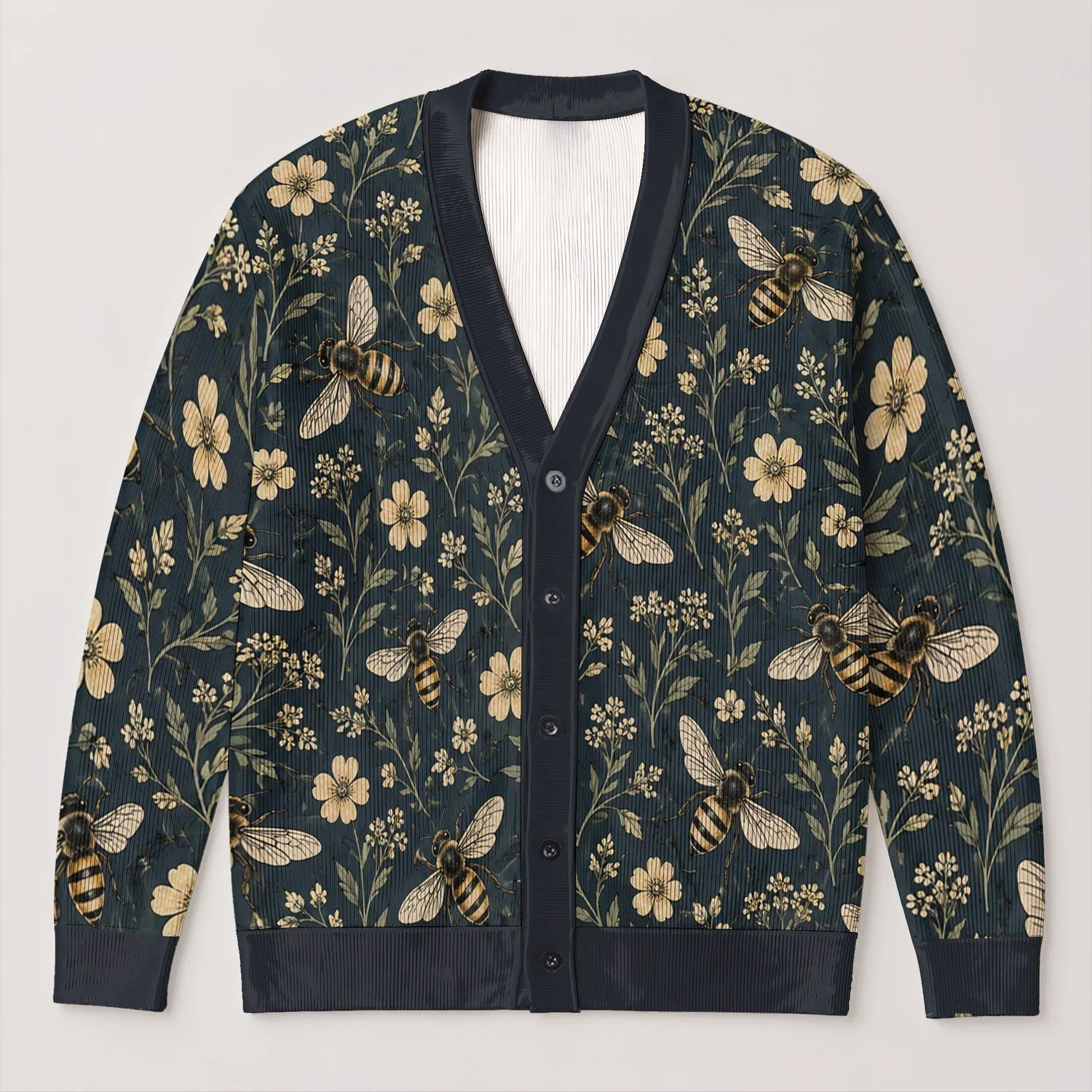 Vintage Honeybee And Wildflower Motifs For Everyday Nature-Inspired Casual Wear Style All-over Print Knitted Cardigan - 1