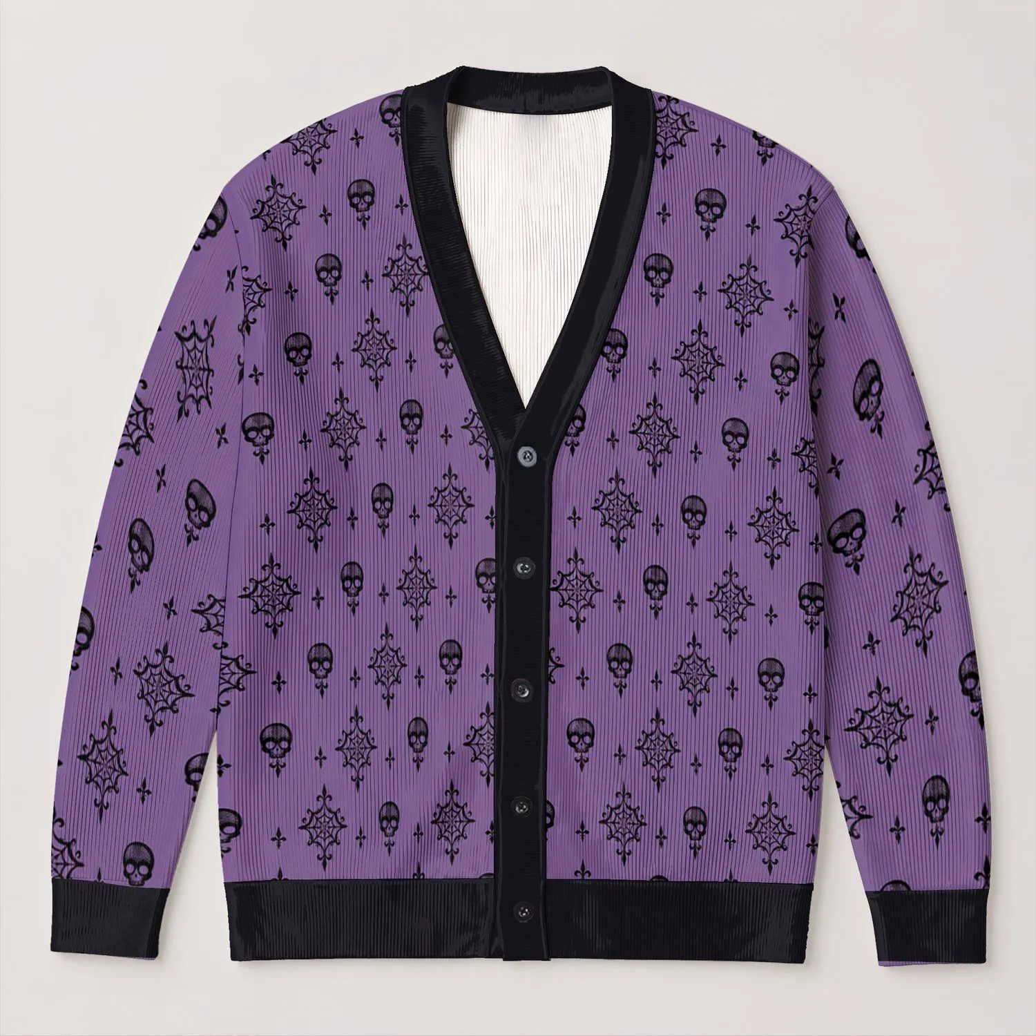 Purple Haunted Mansion Skulls and Cobwebs for Spooky Season and Halloween Party Fans All-over Print Knitted Cardigan - 1