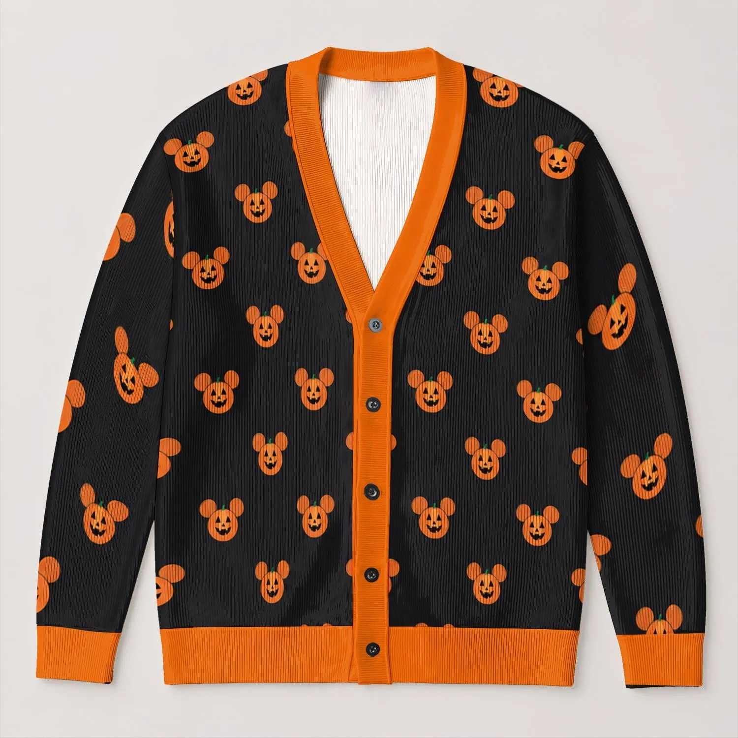 Mickey Mouse Pumpkin Halloween Outfit for Spooky Season and Autumn Theme Park Trips All-over Print Knitted Cardigan - 1