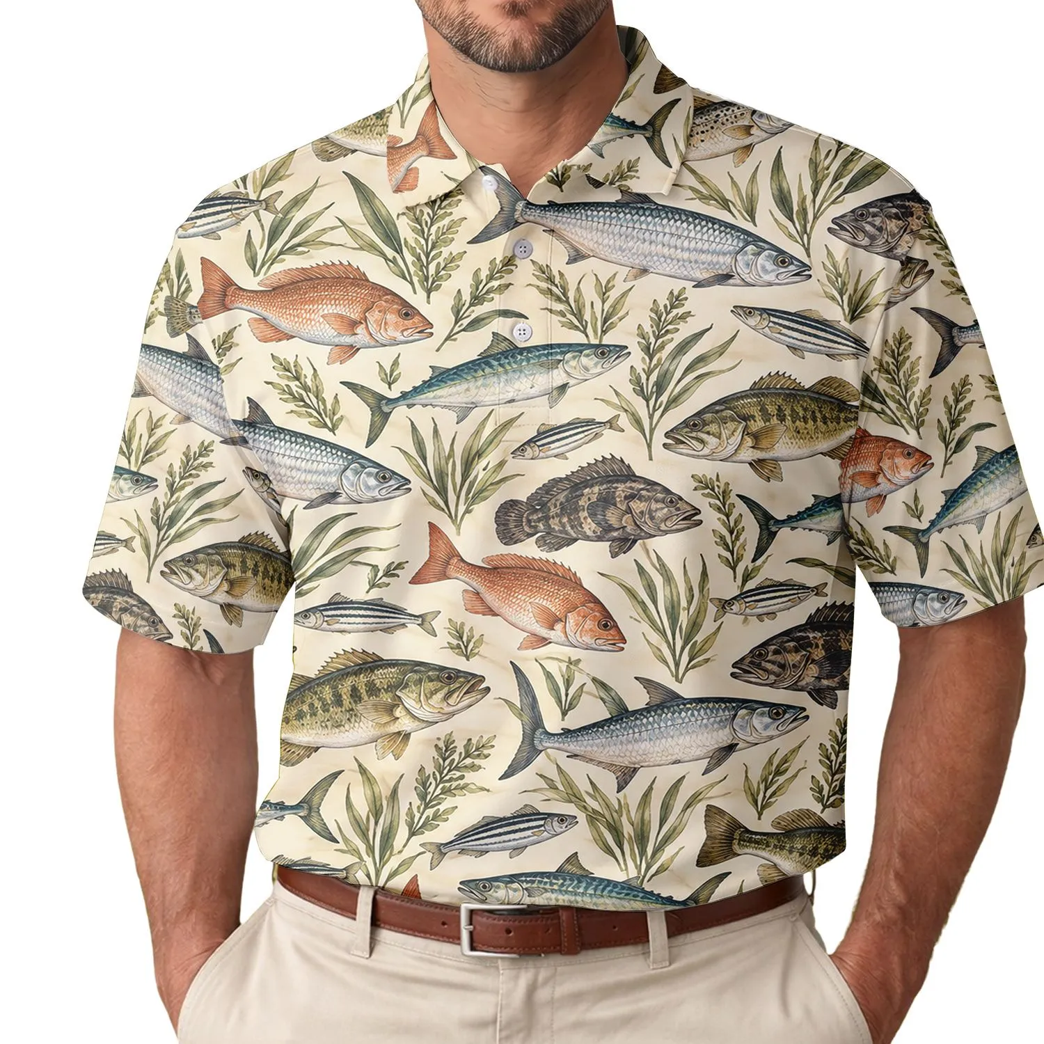 Coastal Angler Fish Scene for Summer Marina Days and Weekend Lake Adventures Outdoors Men's Polo Shirt - 1