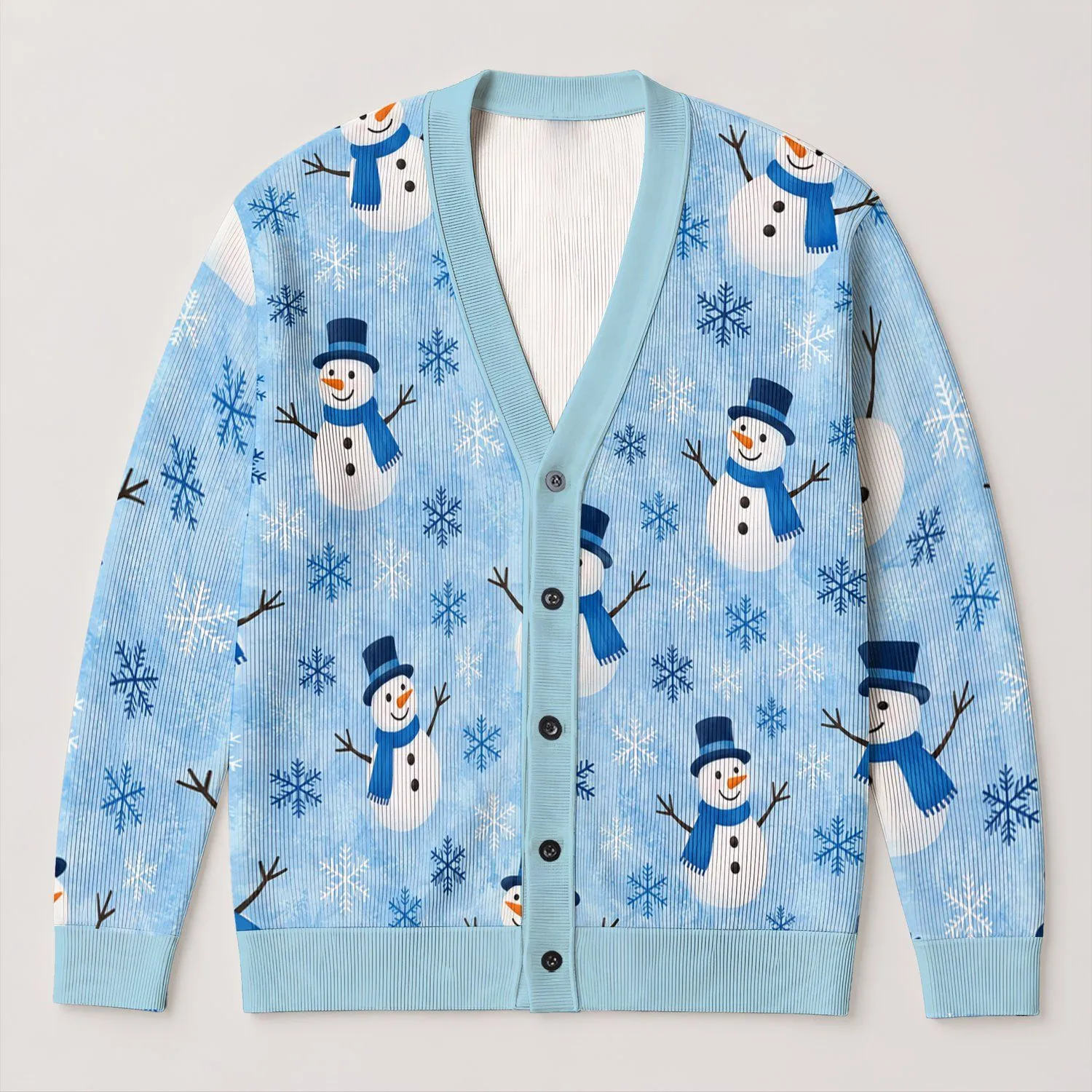 Snowman And Snowflake Winter Cheer For Casual Holiday Layering And Vacation Travel All-over Print Knitted Cardigan - 1