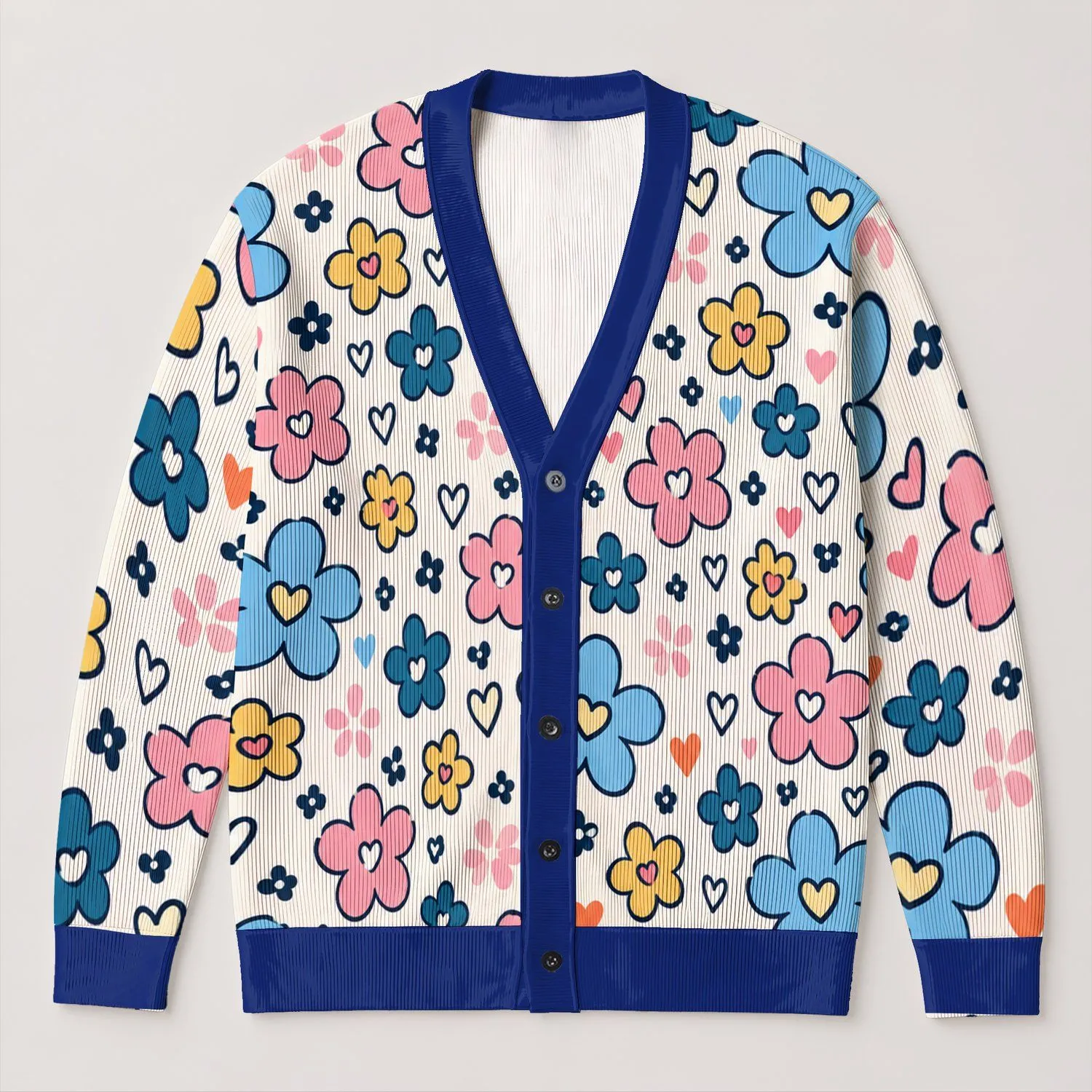Multicolor Doodle Flowers And Hearts For Colorful Everyday Layering For Women All-over Print Knitted Cardigan - 1