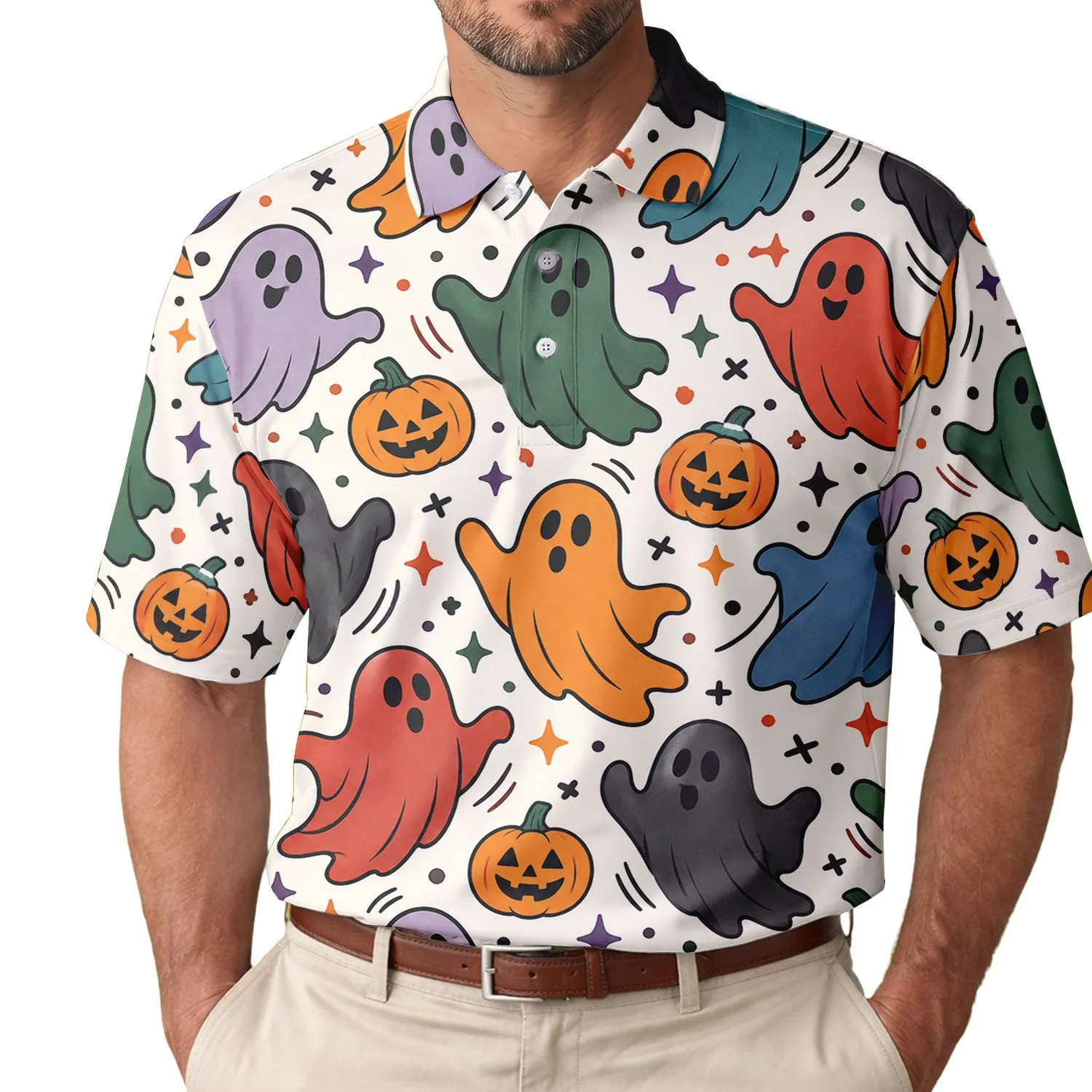 Colorful Halloween Ghosts and Pumpkins for Spooky Golf Outings, Parties, and Gifts Men's Polo Shirt - 1