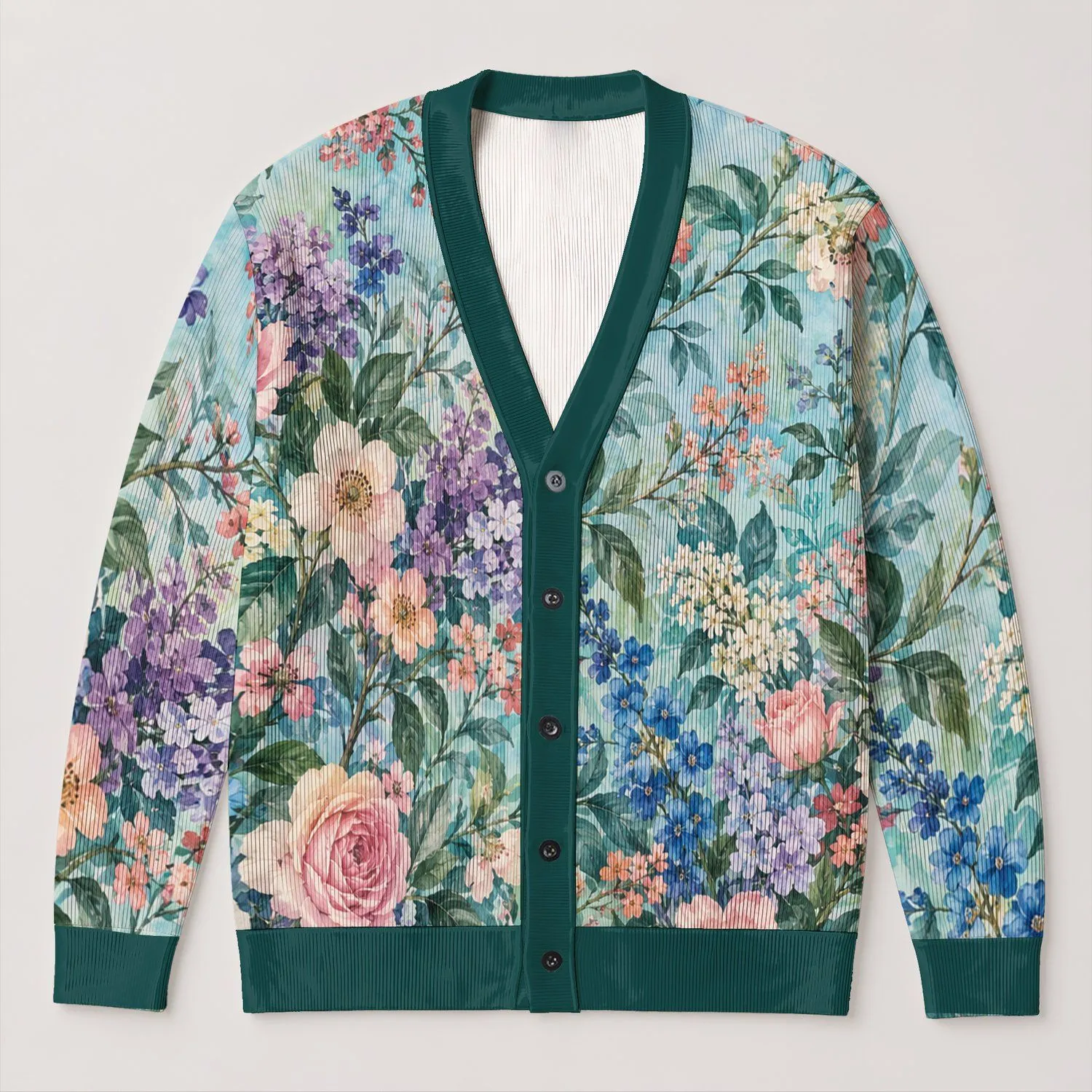 Pastel Wildflower Bouquet in Aqua Tones for Romantic Vacation Layering, Women’s Daily Wear All-over Print Knitted Cardigan - 1
