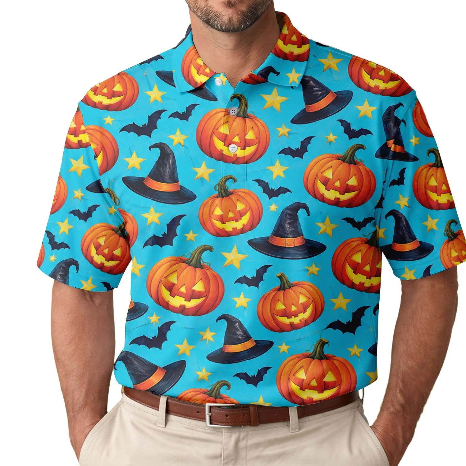 Halloween Jack O Lantern Pumpkin Witch Hat Style for Spooky Season Golf Fans and Friends Men's Polo Shirt - 1