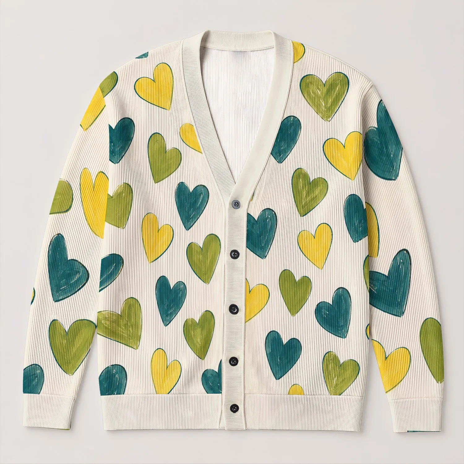 Teal Yellow Green Heart Motif for Spring Vacation and Everyday Layering, Plus Size Women All-over Print Knitted Cardigan - 1