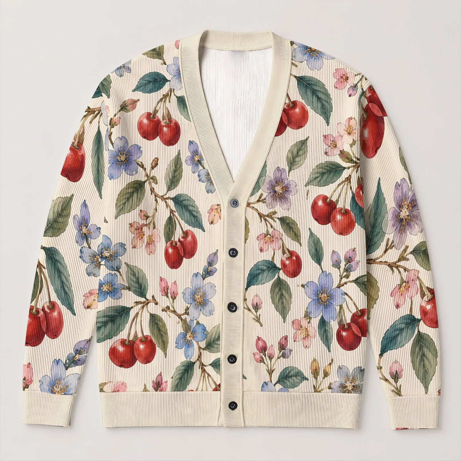 Watercolor Cherries And Blue Blossoms For Casual Autumn Outings And Vacation Style All-over Print Knitted Cardigan - 1