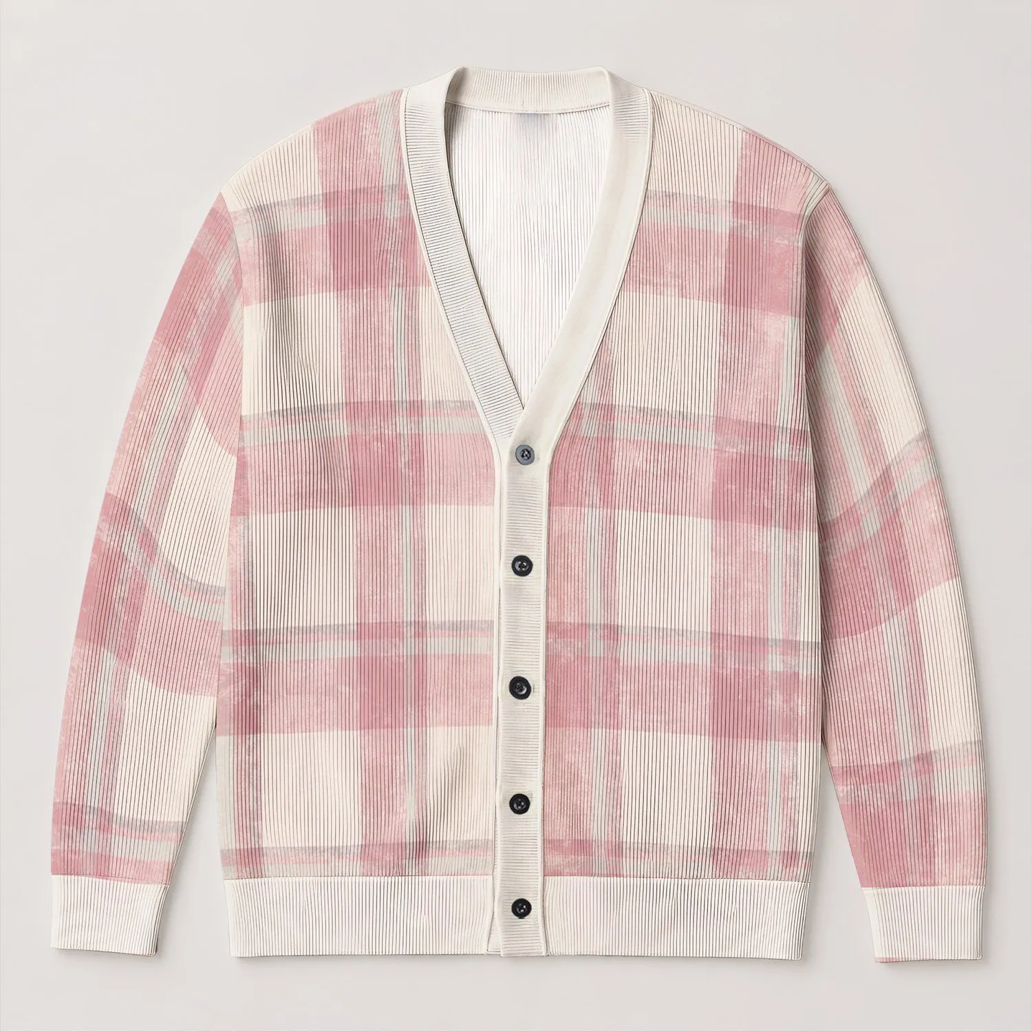 Blush Pink Plaid Checks for Cozy Fall Layering, Feminine Everyday Style for Women All-over Print Knitted Cardigan - 1