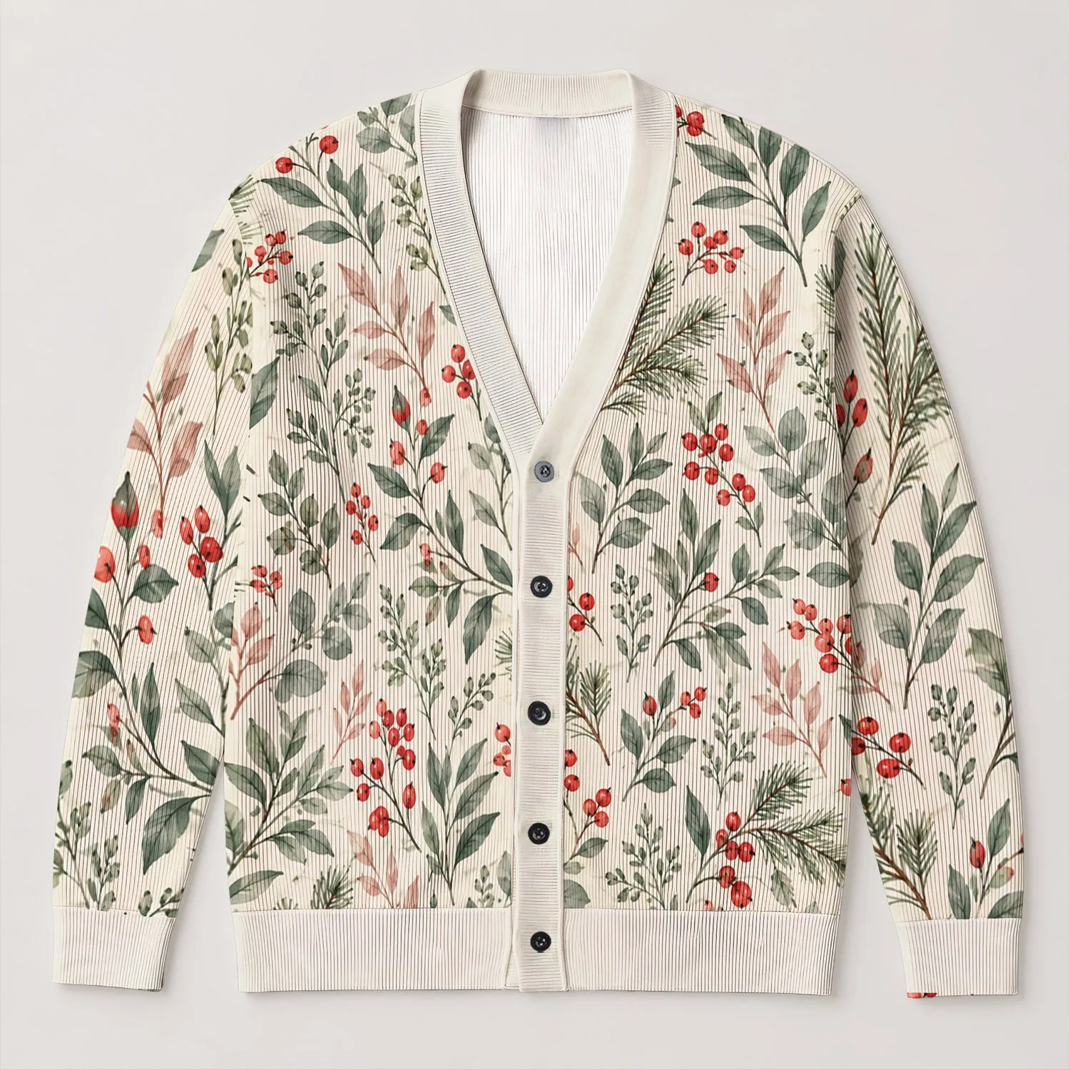 Red Berry Botanical Foliage for Cozy Everyday Layering, Nature-Loving Women Gift Style All-over Print Knitted Cardigan - 1