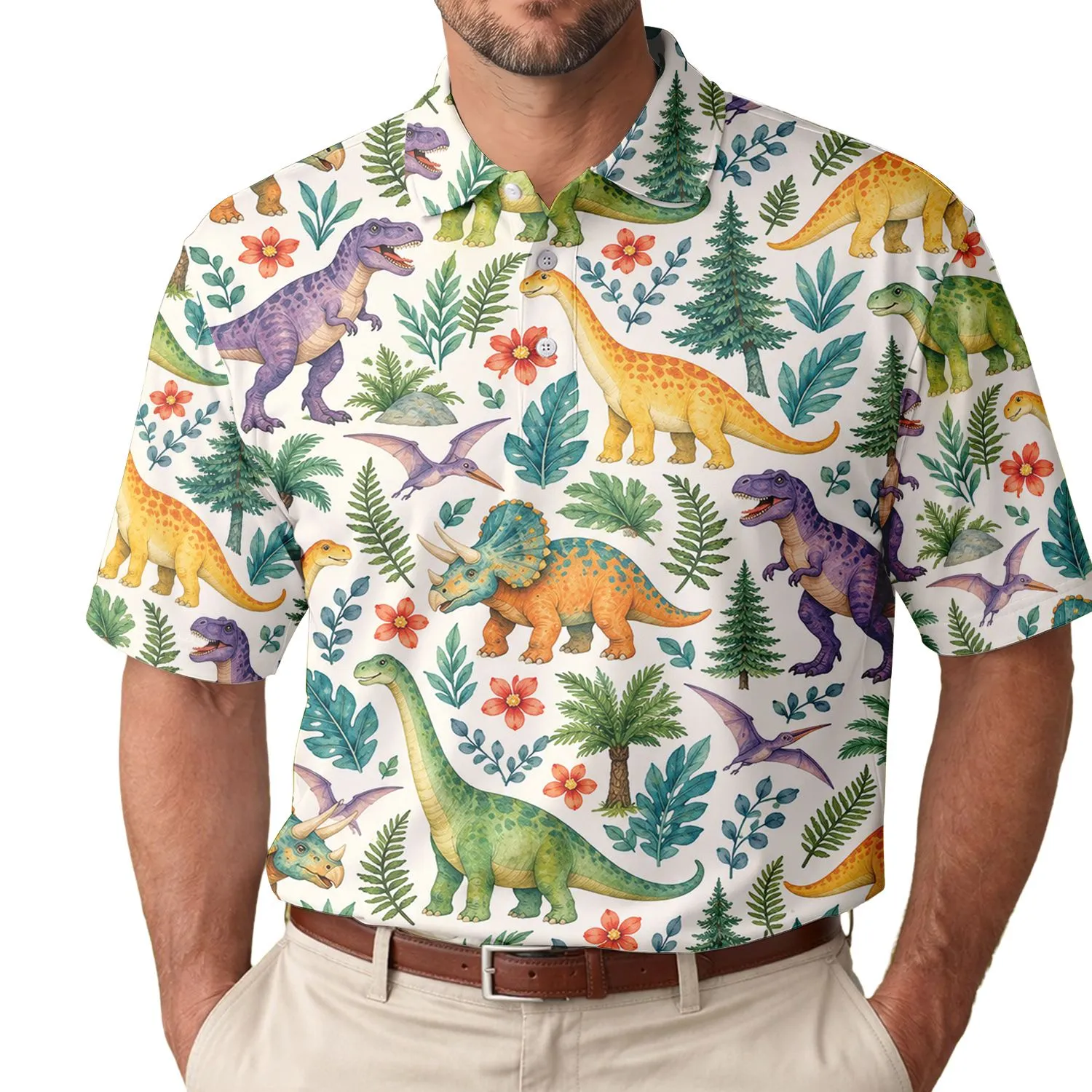 Colorful Dinosaur Golf Day Prehistoric Adventure Gift for Women and Outdoor Dino Lovers Men's Polo Shirt - 1