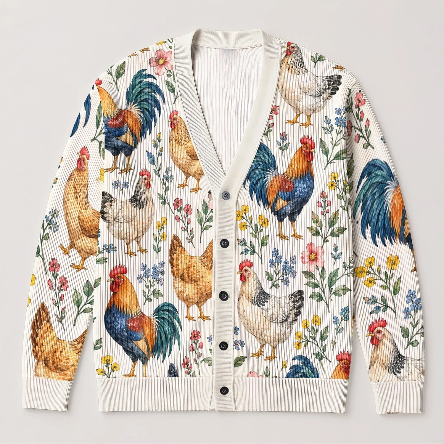 Watercolor Roosters and Hens with Garden Blooms for Relaxed Farmhouse Layering Women All-over Print Knitted Cardigan - 1