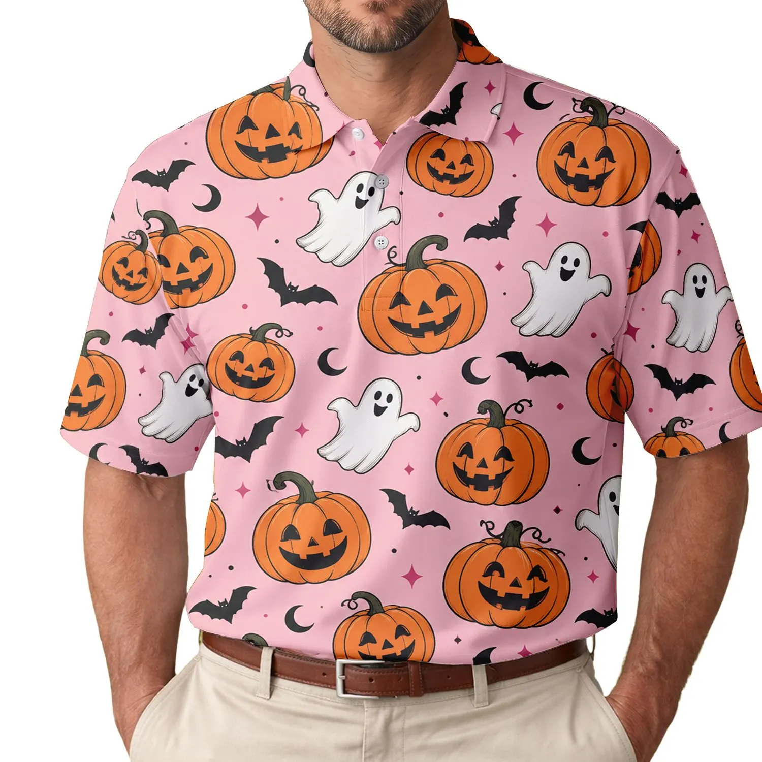 Pink Halloween Ghost Pumpkin Bats For Spooky Season Fall Party Gatherings Holiday Gift Men's Polo Shirt - 1