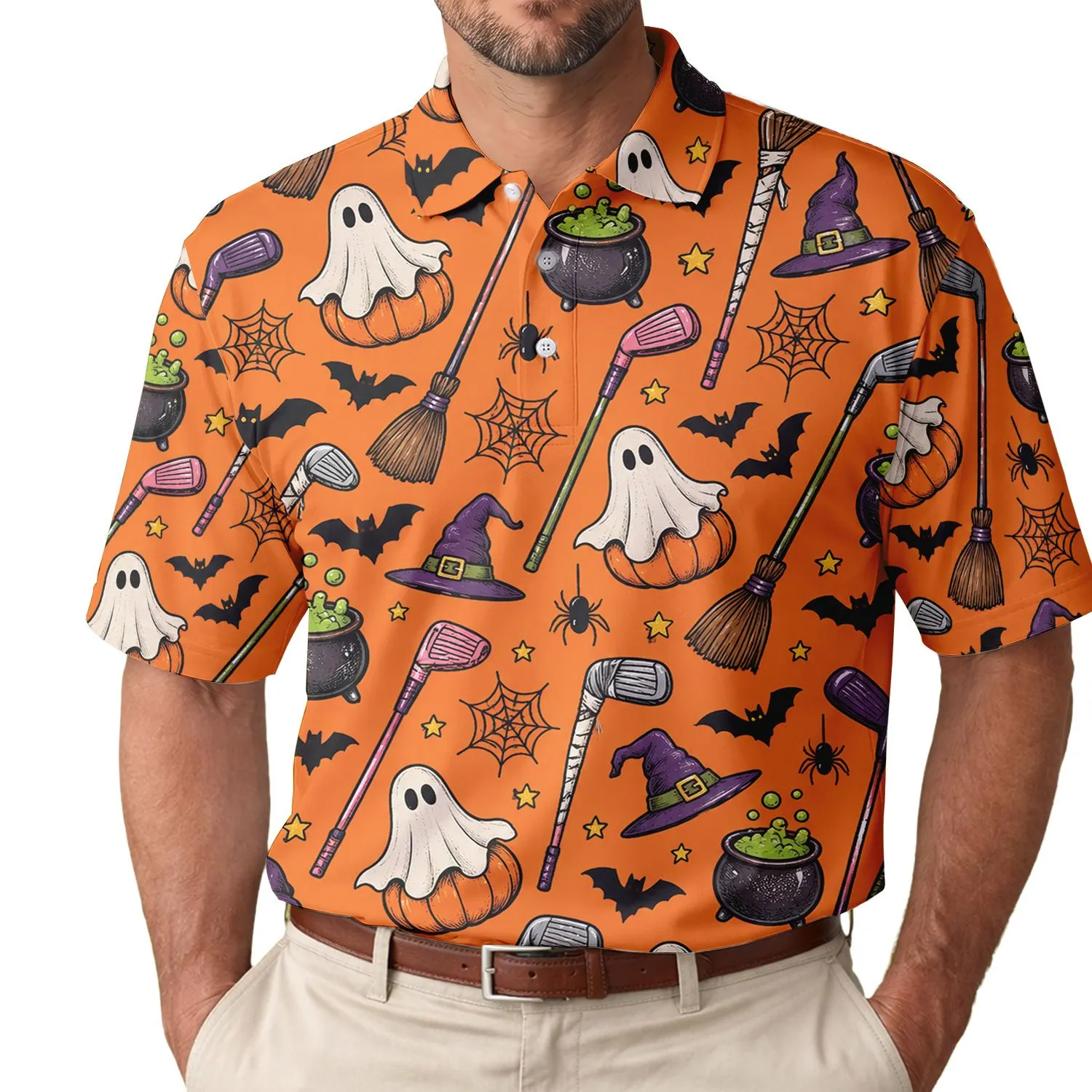 Funny Halloween Golf Witch Ghosts, Bats and Spiders for Spooky Party Style for Adults Men's Polo Shirt - 1