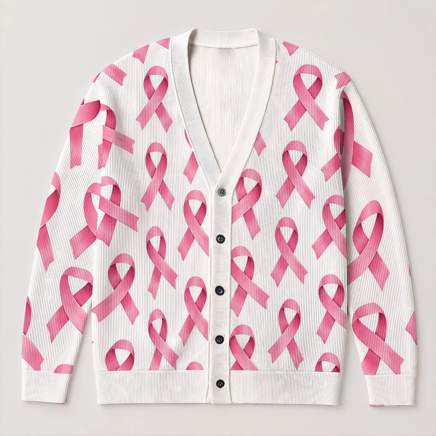 Pink Ribbon Awareness Motifs for Support Events and Everyday Layering for Women and Friends All-over Print Knitted Cardigan - 1
