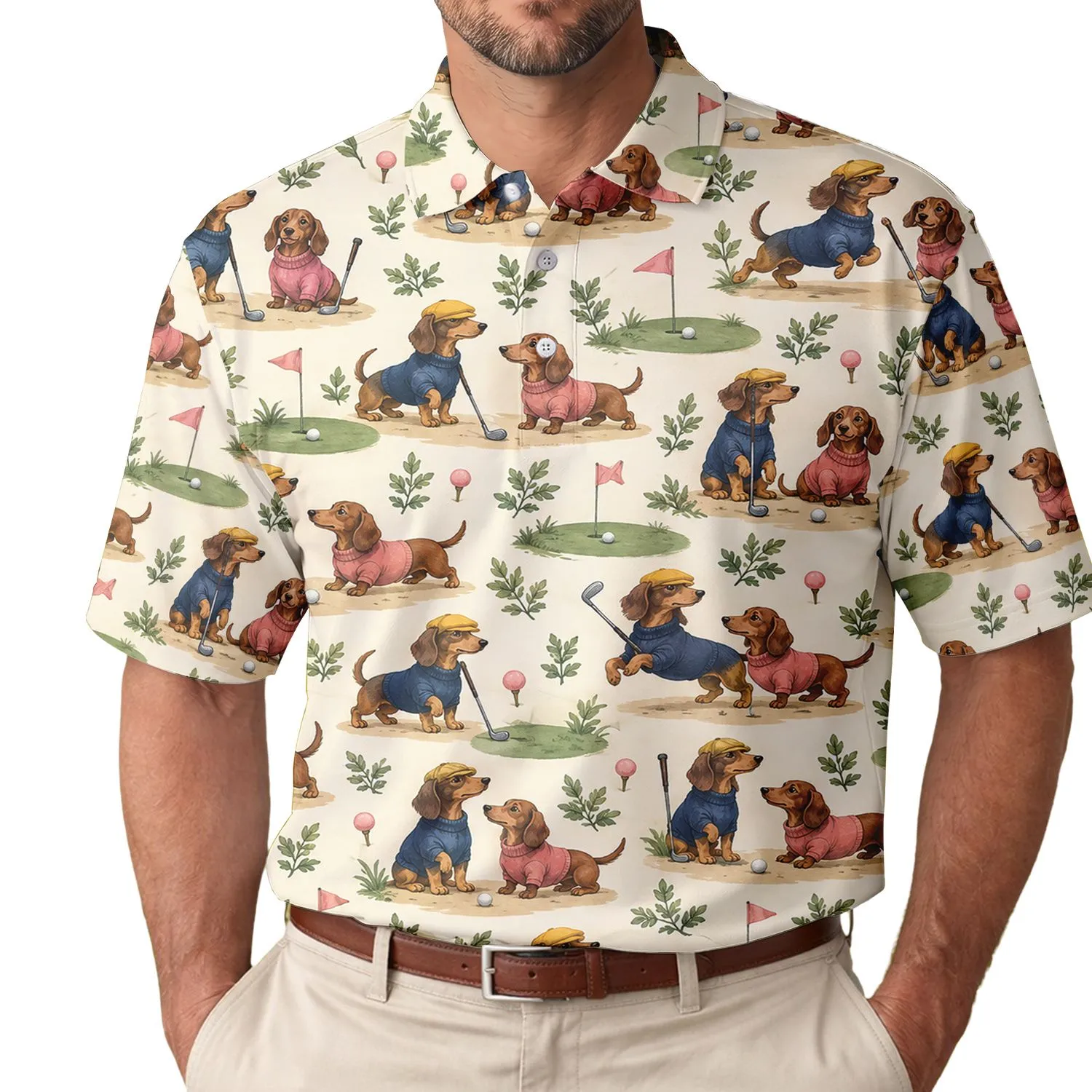 Dachshund Golfing Scene for Father's Day Fairway Fun Gift for Wiener Dog Lover Dads Men's Polo Shirt - 1